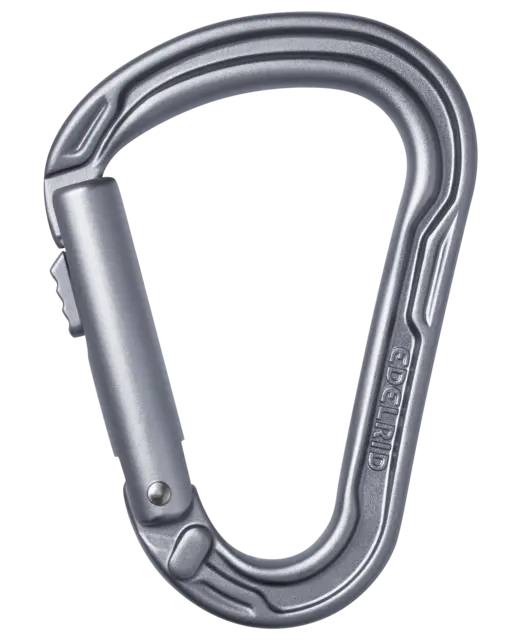 Silver carabiner with a spring-loaded gate.