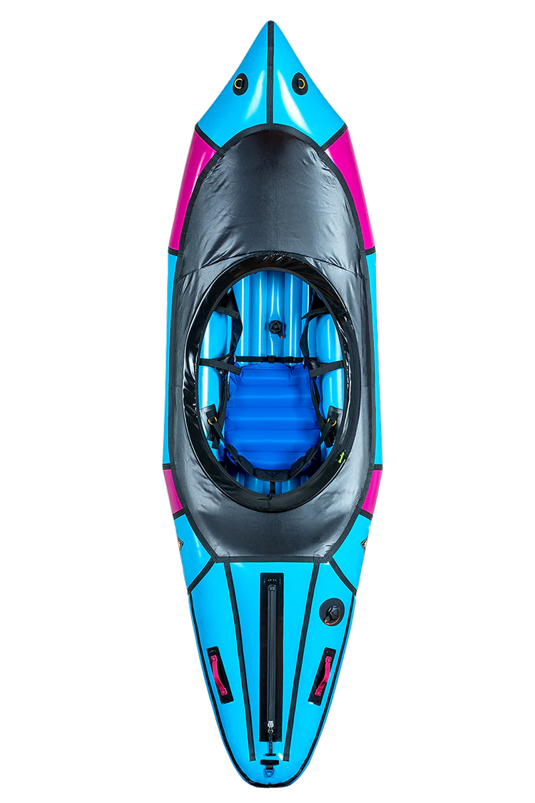 Top view of a blue inflatable kayak with black and pink accents on a white background.