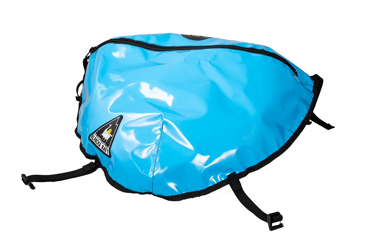 Blue waterproof bag with black straps and a logo patch, featuring a top zipper.