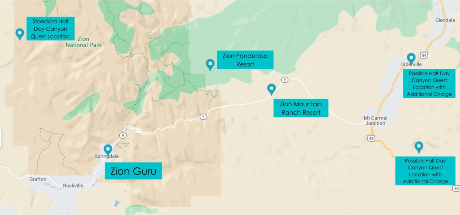Map showing location of Zion Guru in Springdale, UT and other location in and around Zion National Park, Utah.