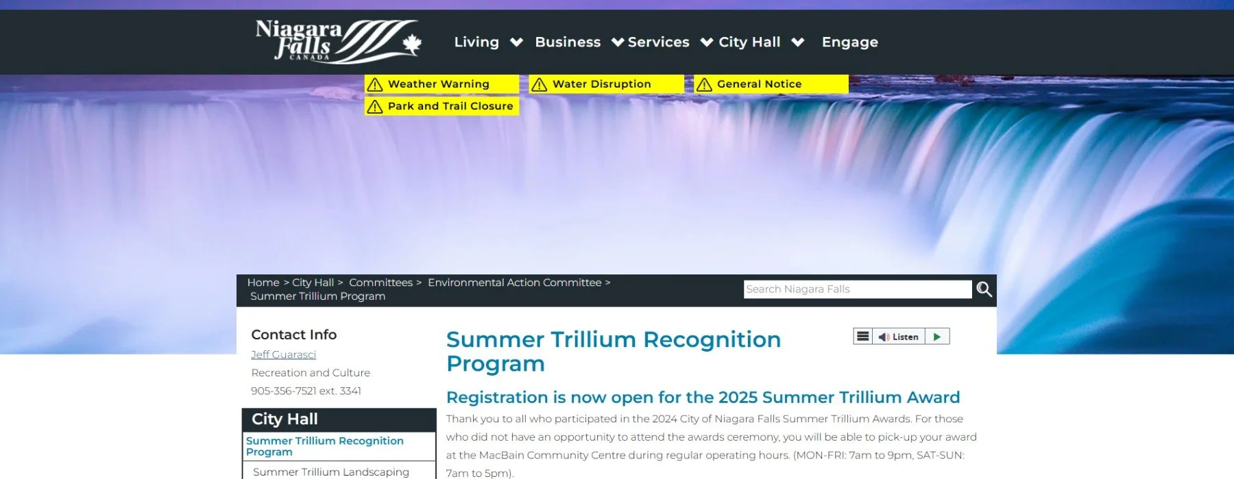 Niagara Falls Summer Trillium Recognition Program