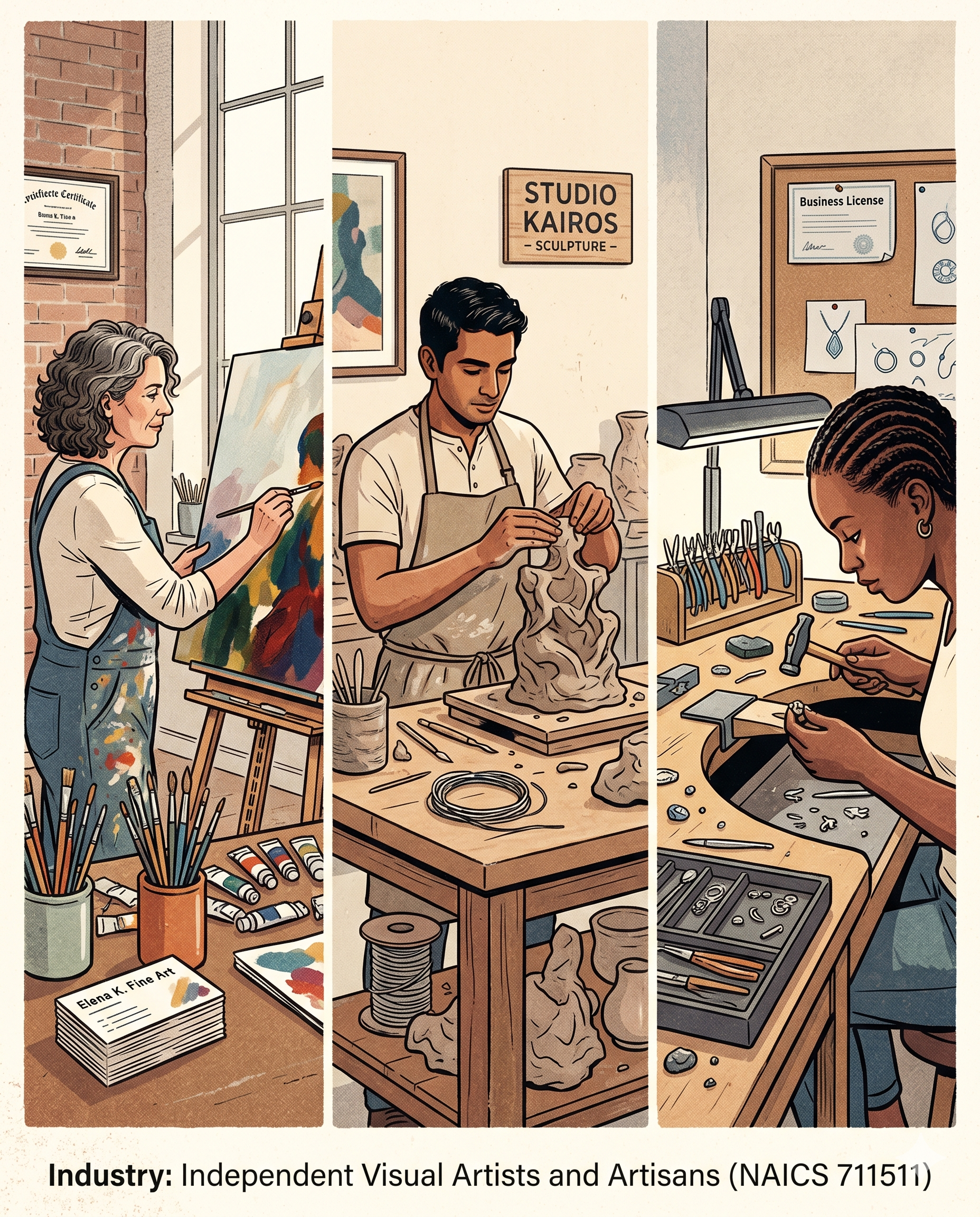 Three-panel illustration showing independent visual artists at work: painter at easel with business card stack, sculptor shaping clay in studio, and jewelry artisan at workbench with business license visible—representing NAICS 711511 classification.