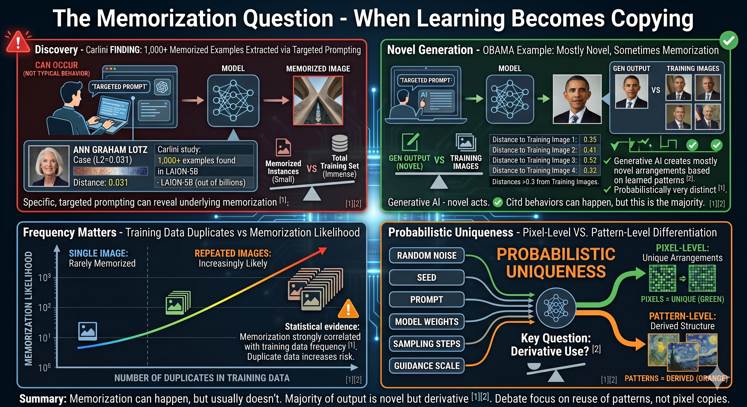 Infographic explaining when AI image generators memorize vs. generate novel outputs, showing that memorization is rare but increases with duplicate training data.