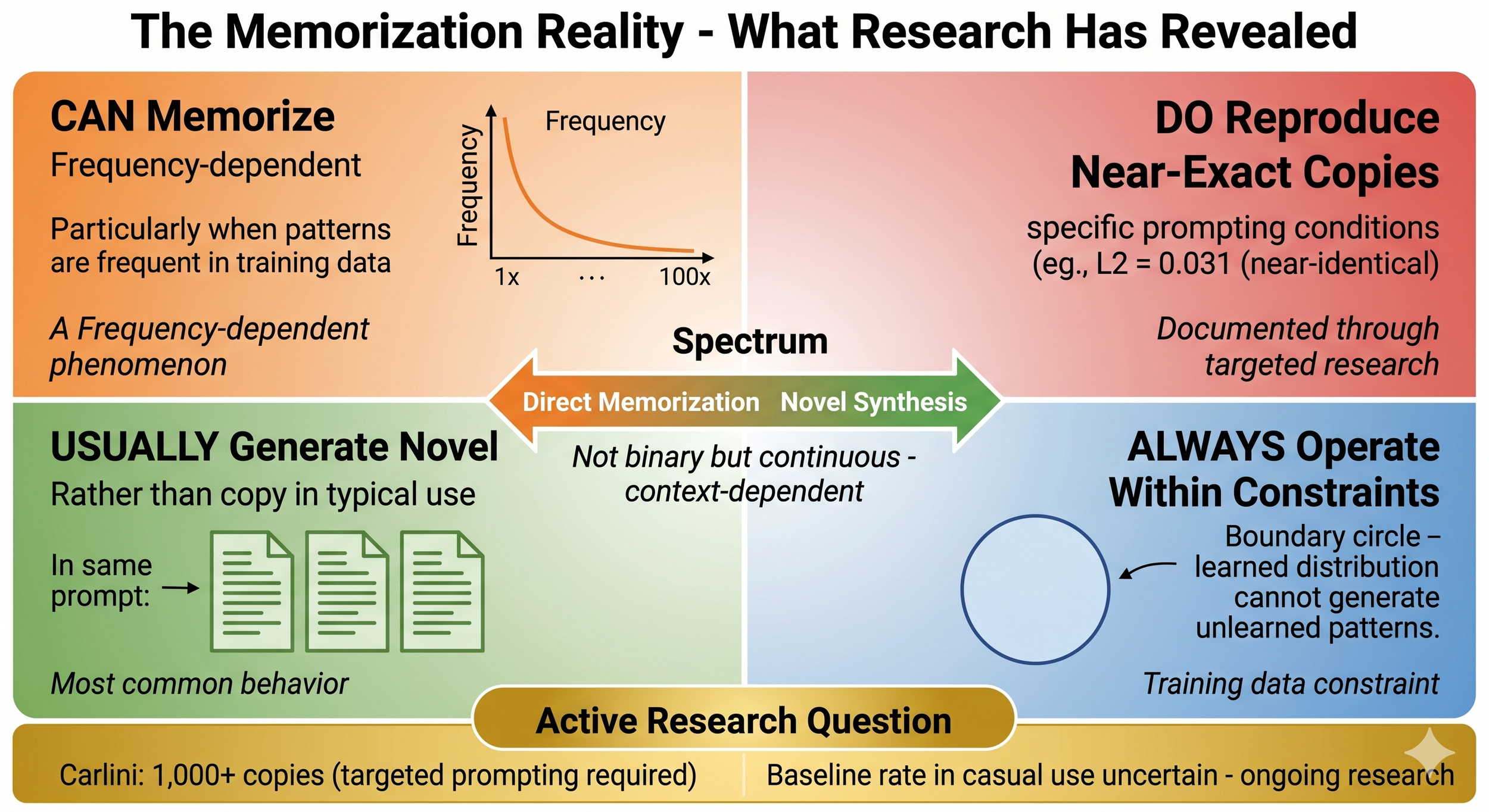 Infographic showing AI memorization exists on a spectrum: models can memorize and reproduce near-exact copies under specific conditions, but typically generate novel outputs in normal use, always constrained by their training distribution.