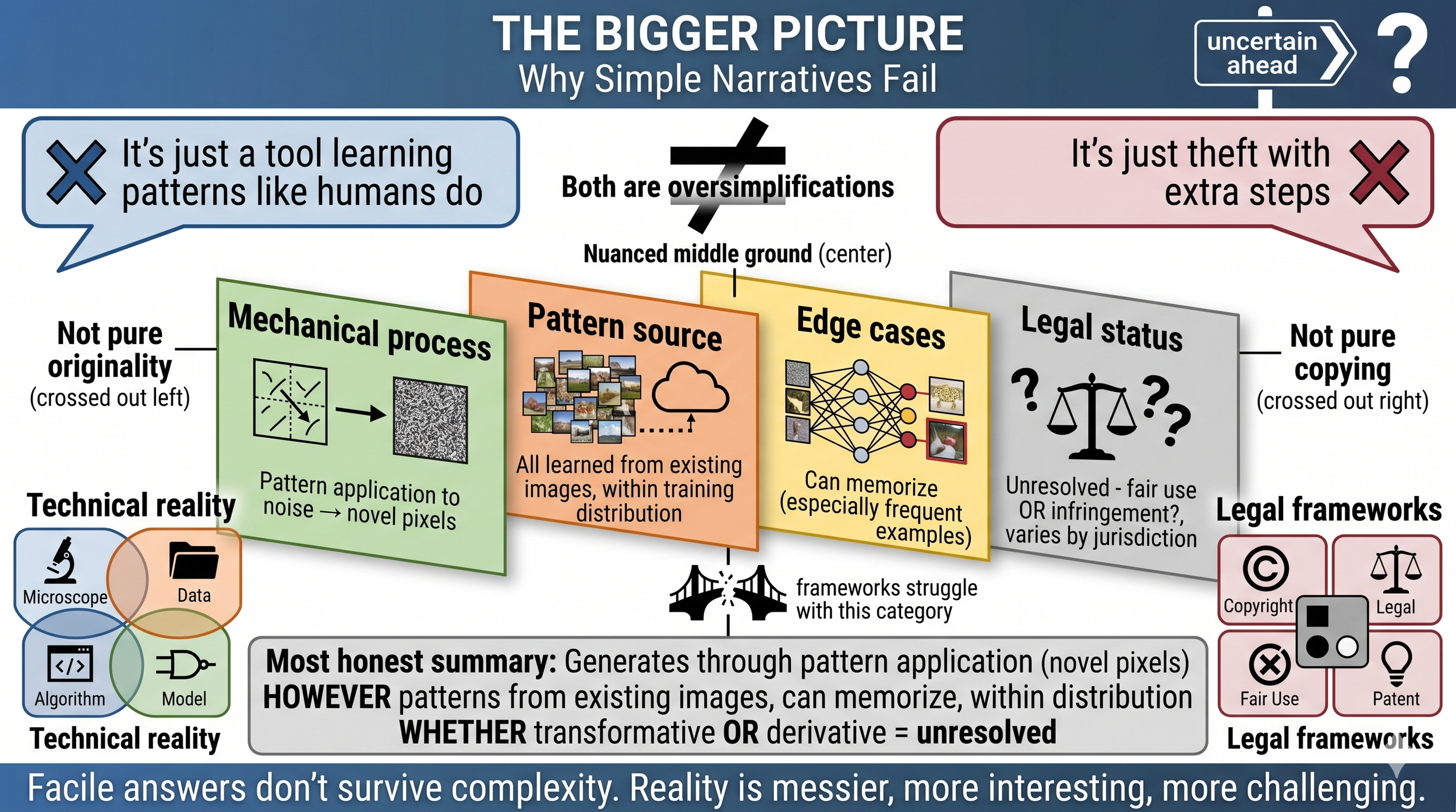 Alt text:  Infographic rejecting both "just a tool" and "just theft" narratives about AI image generation, mapping the nuanced middle ground across mechanical process, pattern source, edge cases, and unresolved legal status.