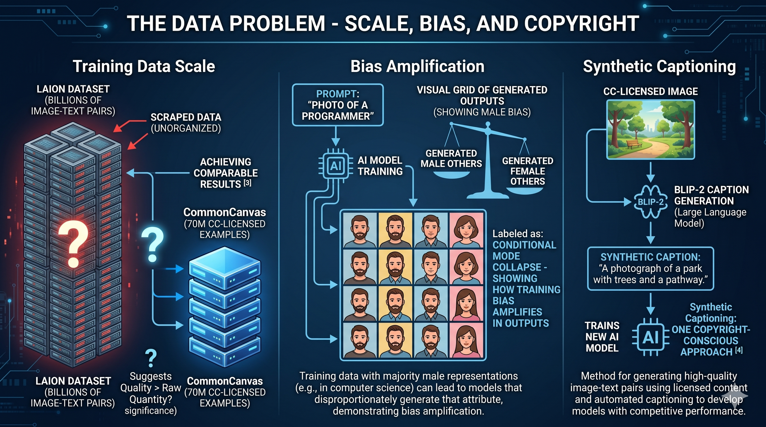 Infographic outlining three AI training data challenges: data scale, bias amplification in outputs, and synthetic captioning as a copyright-conscious alternative.