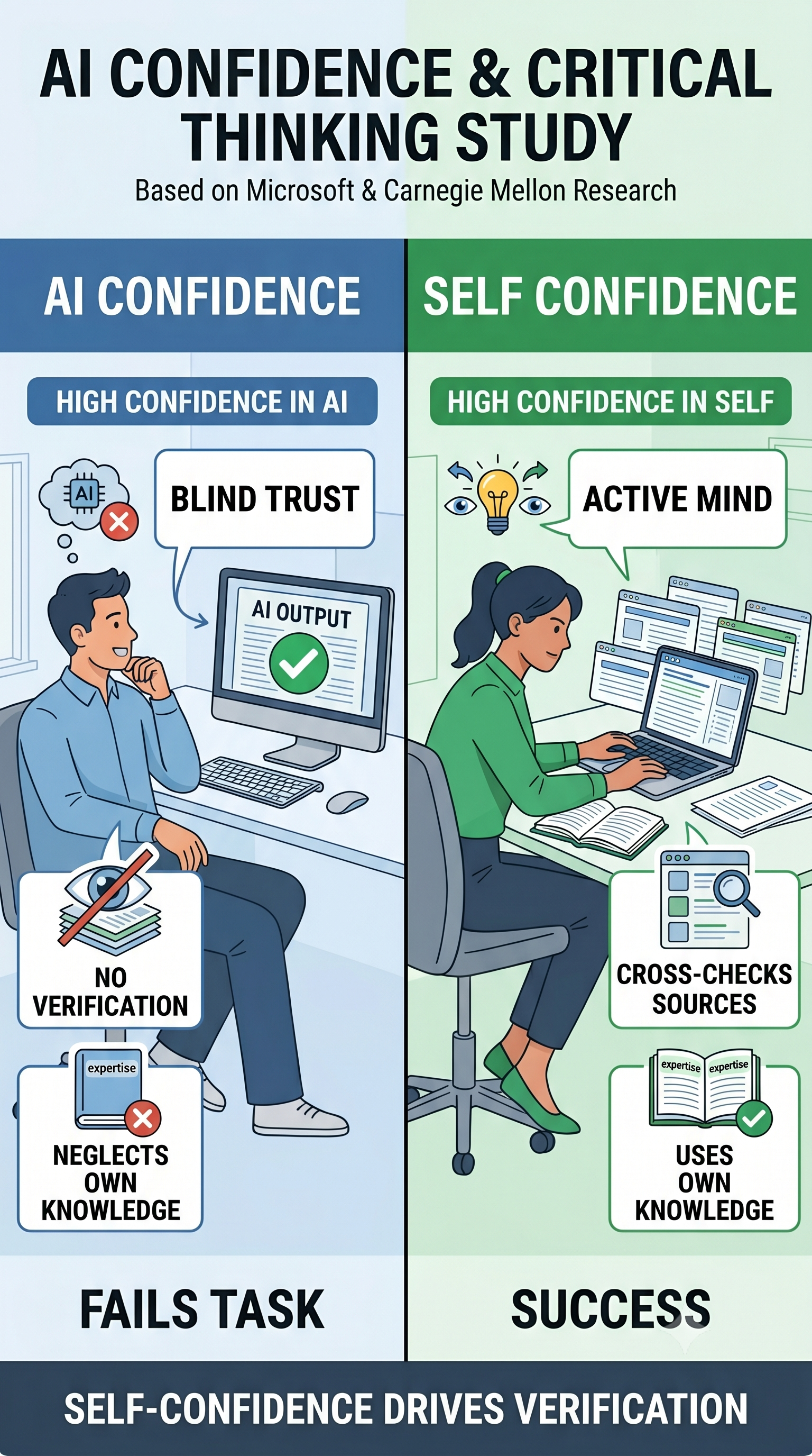 Infographic comparing AI and self-confidence. Blind trust in AI results in failure. Active verification of sources and use of personal knowledge results in success.