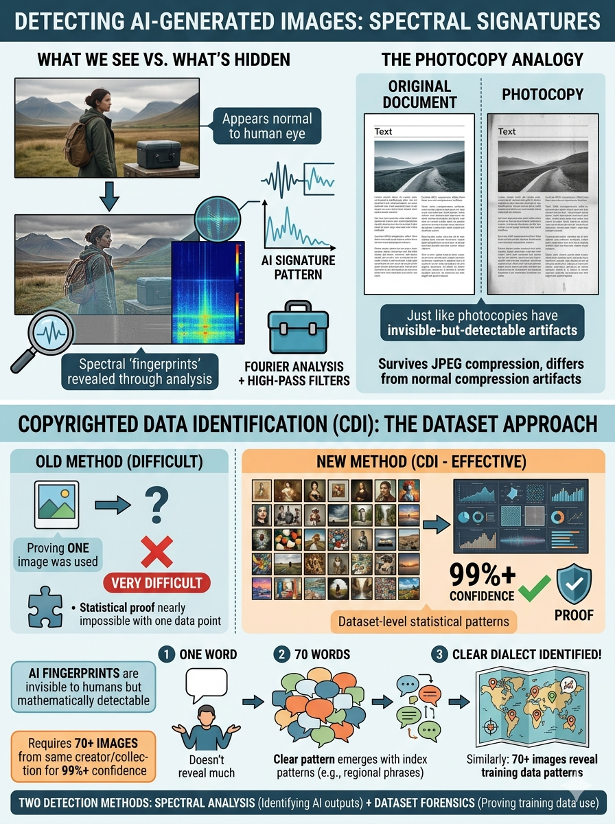Educational diagram on AI image detection: spectral analysis showing hidden frequency fingerprints visible through Fourier analysis, and Copyrighted Data Identification (CDI) using 70+ image datasets to prove training data use with 99%+ confidence.
