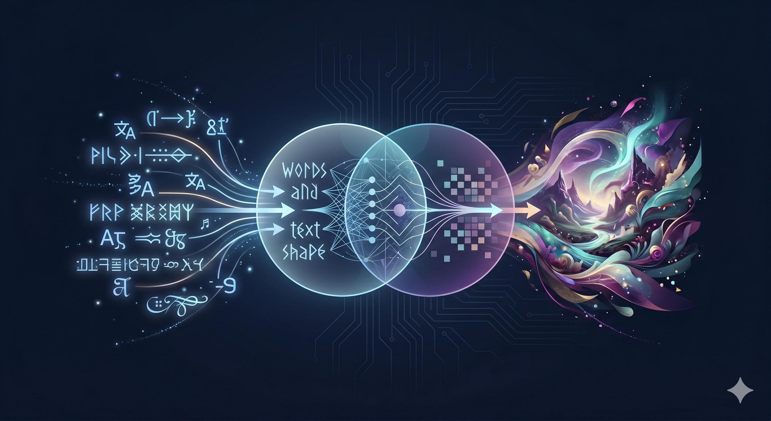 Abstract language symbols flow through a shared embedding space into vivid generative imagery, illustrating how text prompts guide AI image generation.