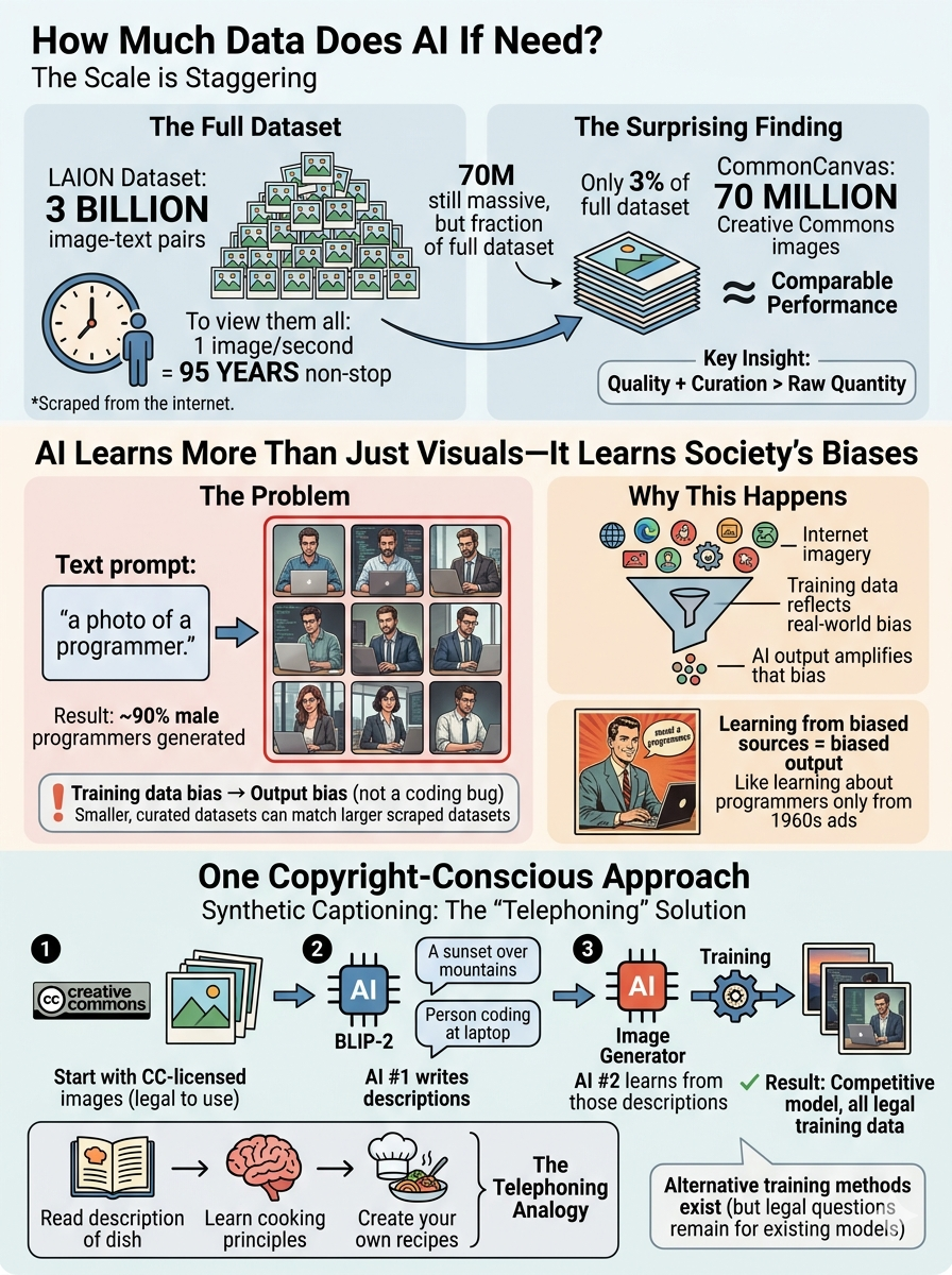 Educational infographic on AI training data challenges: dataset scale comparison, bias amplification in outputs, and synthetic captioning as a copyright-conscious training approach.