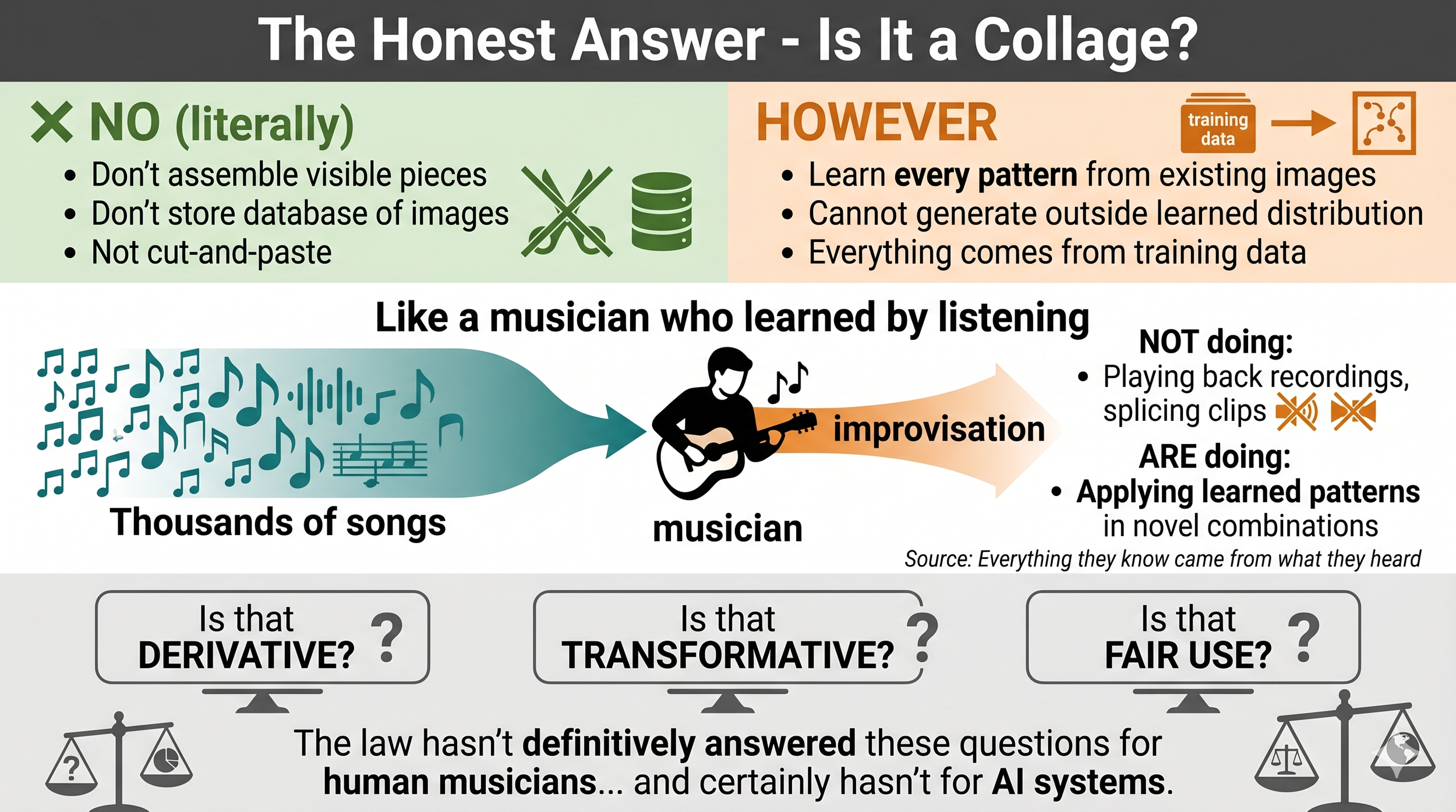 Infographic arguing AI generation isn't literally a collage, but learns entirely from existing images — like a musician improvising from memory — leaving fair use questions legally unresolved.
