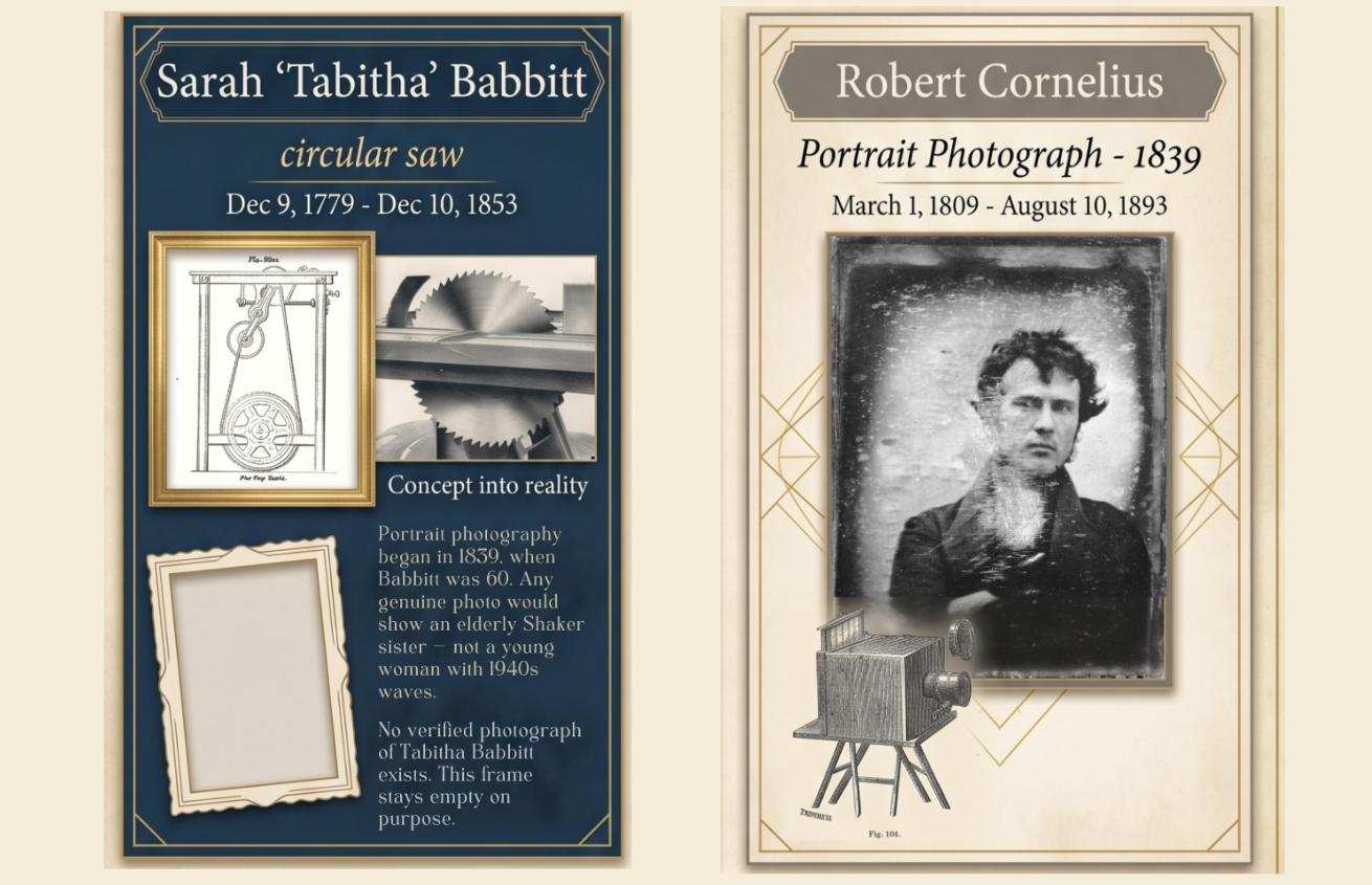 Sarah "Tabitha" Babbitt (circular saw) with a patent drawing and an empty frame, noting no photo of her exists; beside Robert Cornelius and his 1839 self-portrait, the first photographic portrait, marking when portraits became possible.