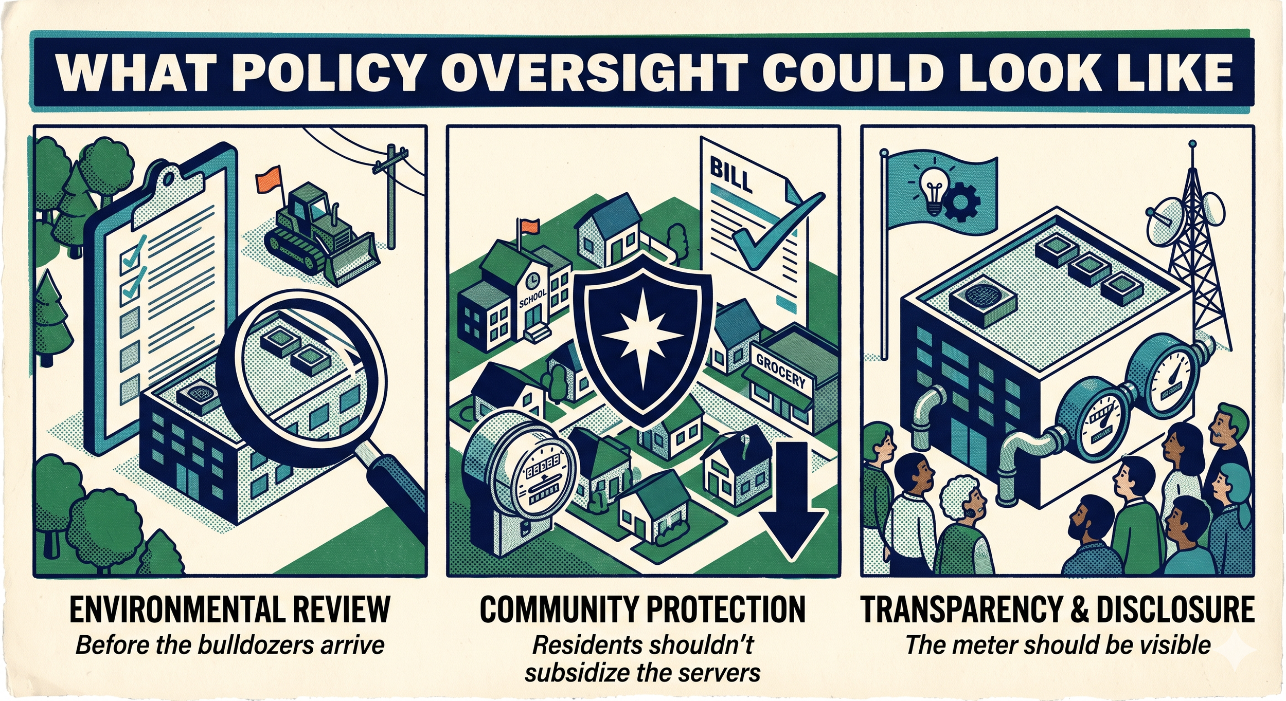 Infographic showing three policy levers for AI data center oversight: environmental review before construction, community protection from utility bill increases, and transparency through visible energy and water metering.