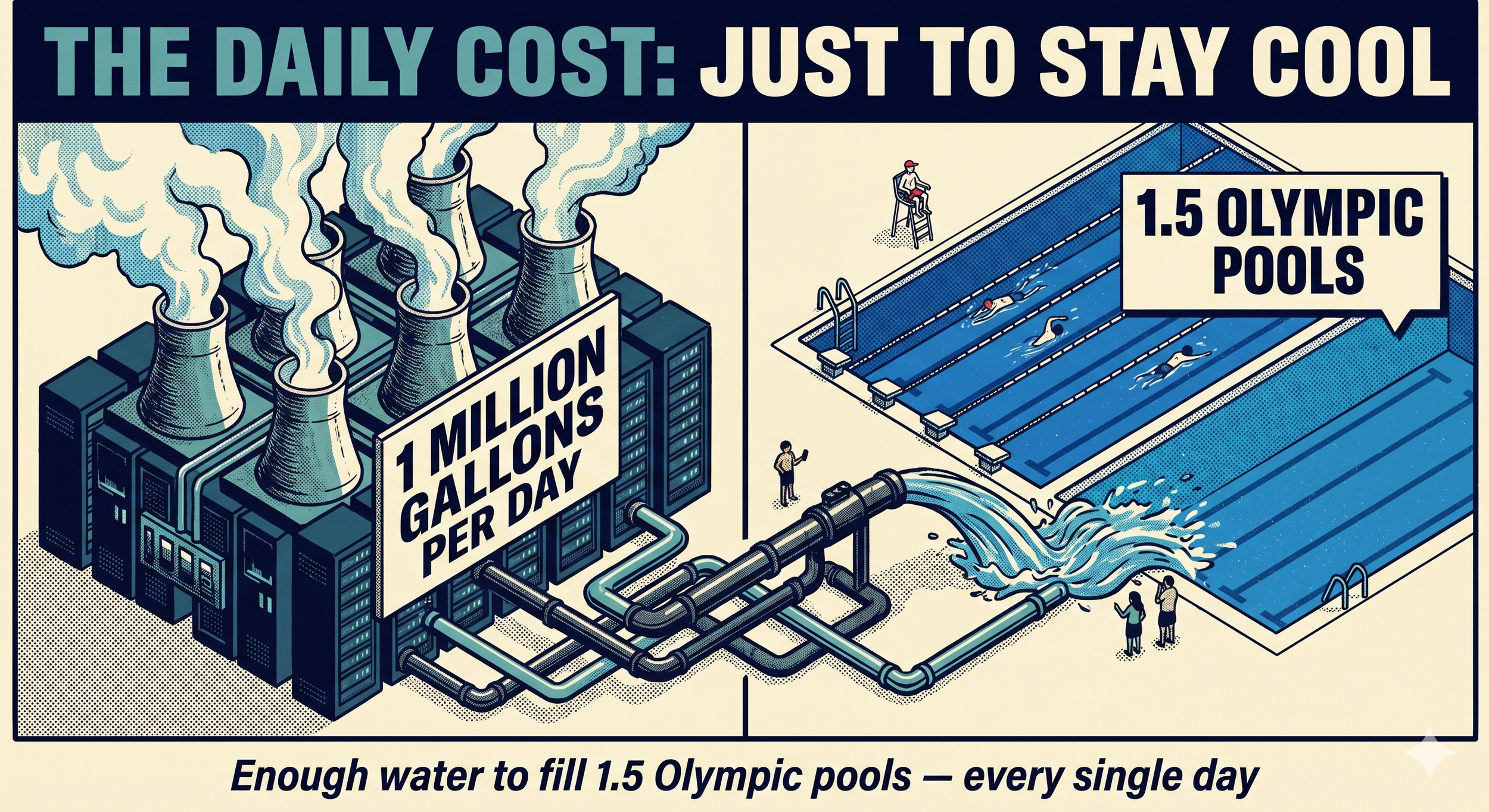Illustration showing a data center with cooling towers connected by pipes to 1.5 Olympic-size swimming pools being filled, with human figures for scale.