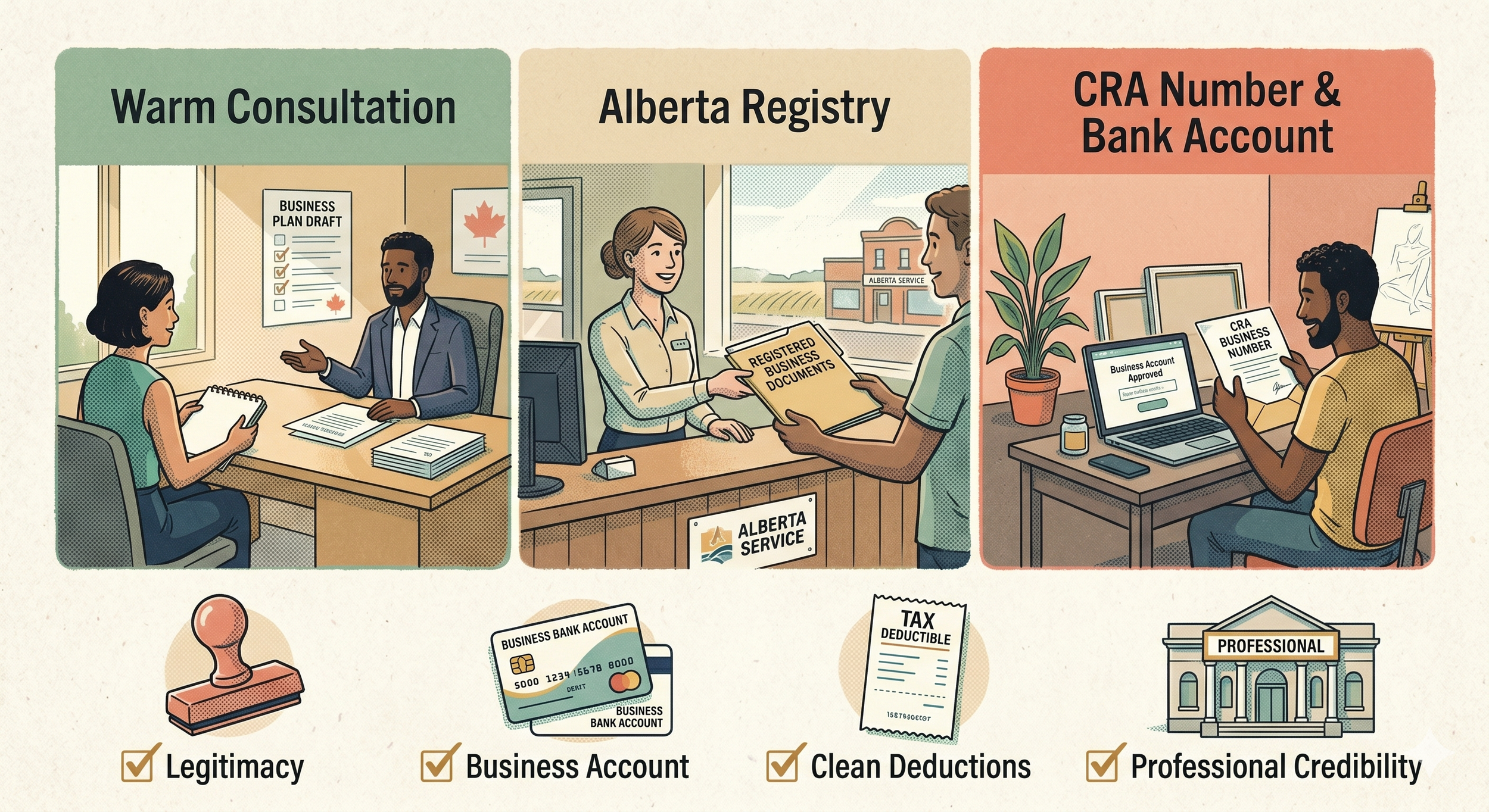 Three-panel illustration showing artist registering a sole proprietorship: consulting with lawyer, visiting Alberta registry office, and setting up CRA business number and bank account, with four benefits shown below.