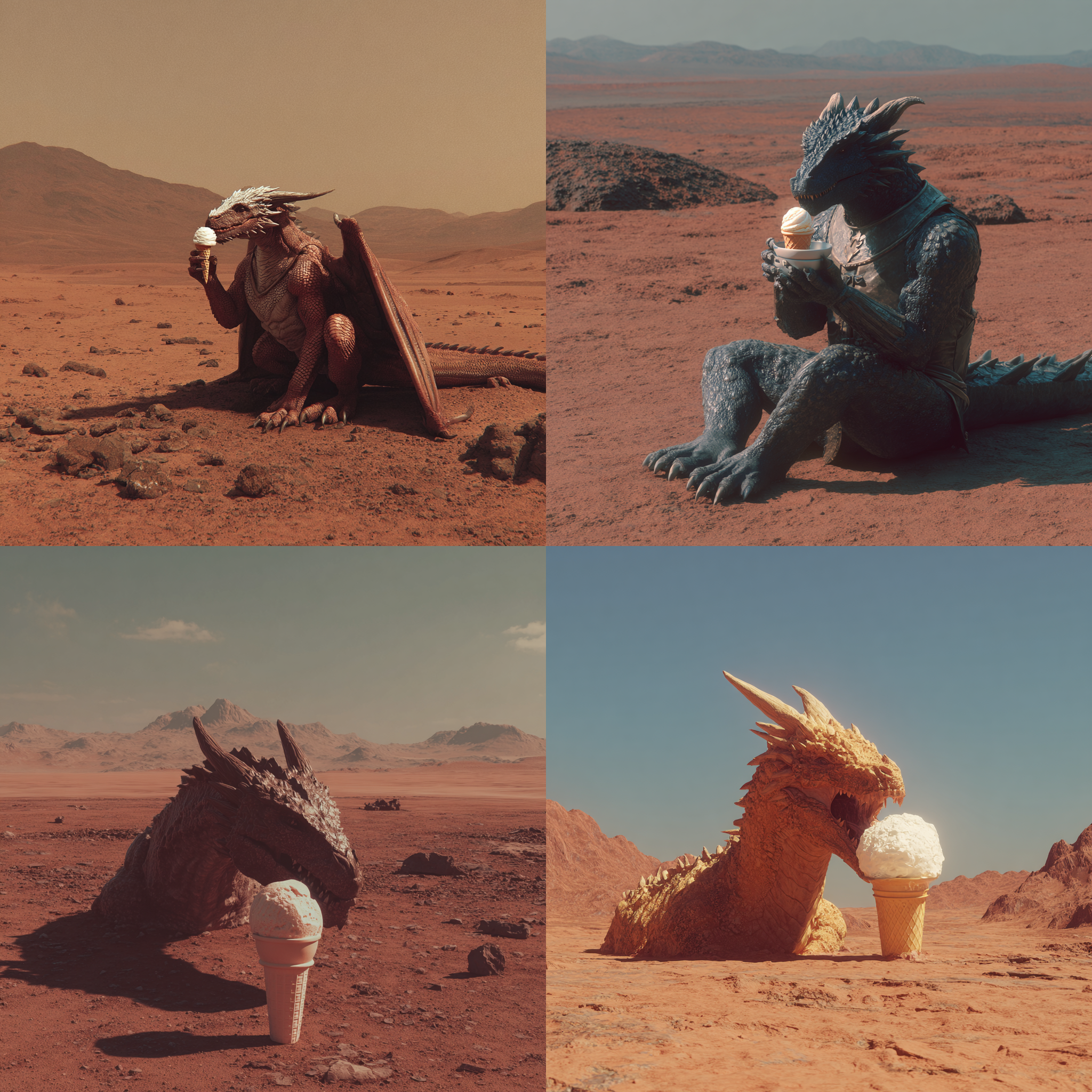 Four AI-generated images of dragons eating ice cream cones in a desert landscape, each in a different color and pose — illustrating how diffusion models combine unrelated concepts from a text prompt.