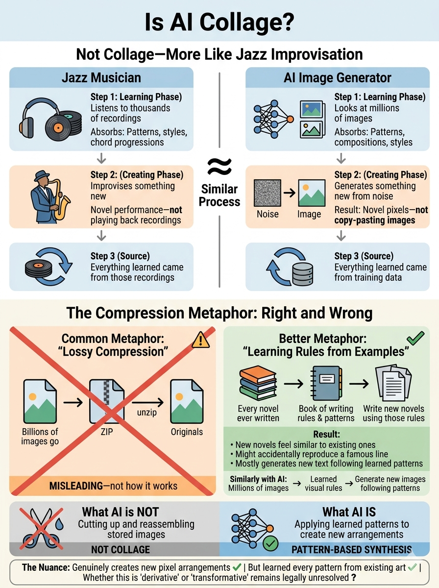 Educational diagram answering "Is AI Collage?" comparing jazz musician improvisation to AI image generation through parallel three-step process, debunking lossy compression metaphor, and explaining pattern-based synthesis versus copying.