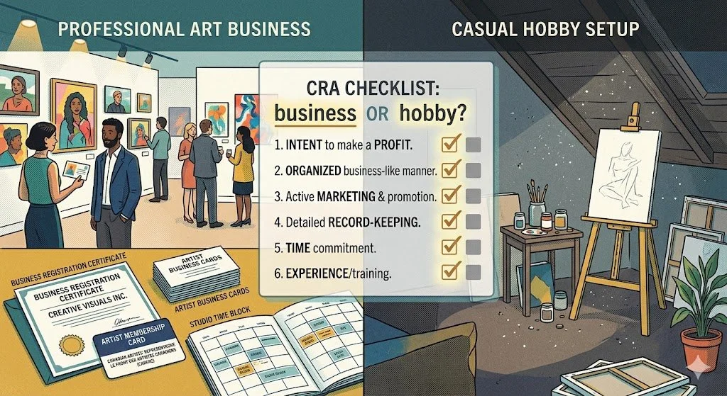 Split-screen showing professional art business versus hobby setup with CRA's six-point checklist for determining business status overlaid in center.