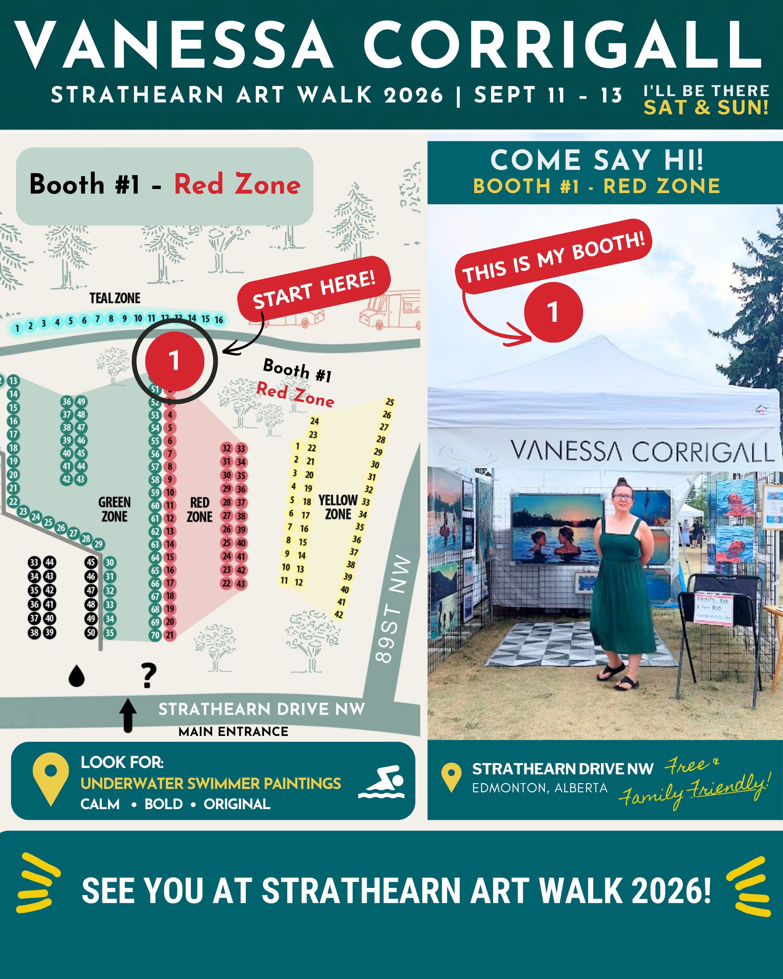 Vanessa Corrigall booth #1 in the Red Zone at Strathearn Art Walk 2026 in Edmonton featuring underwater swimmer paintings with map and booth location guide