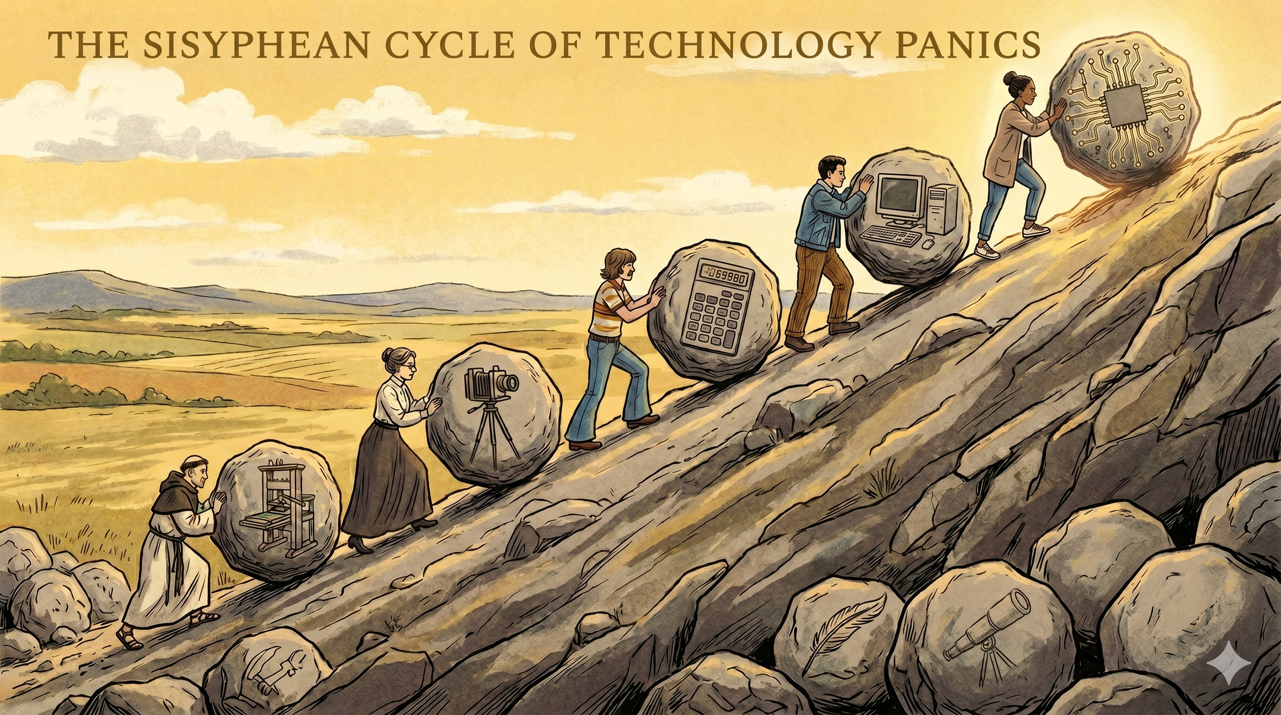 A split illustration contrasting a plain Mennonite community on a prairie dirt road with a modern high school classroom where a teacher instructs students working on laptops. Warm earth tones throughout.