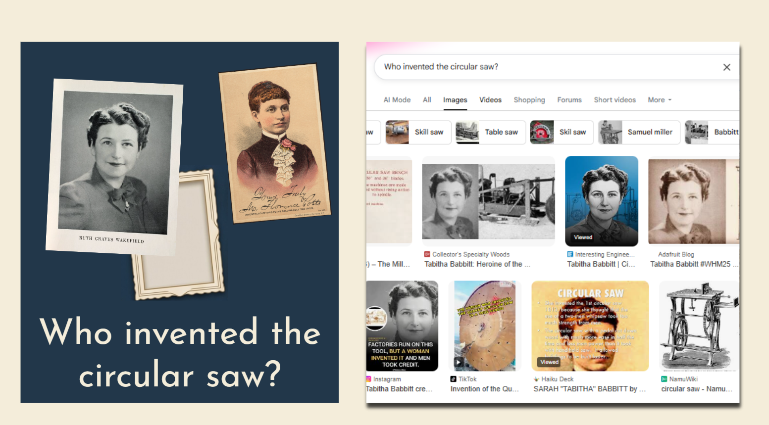 Who invented the circular saw?" — Ruth Wakefield's portrait, a Potts trade card, and an empty frame beside a Google search where results labelled "Tabitha Babbitt" actually show Wakefield's face.
