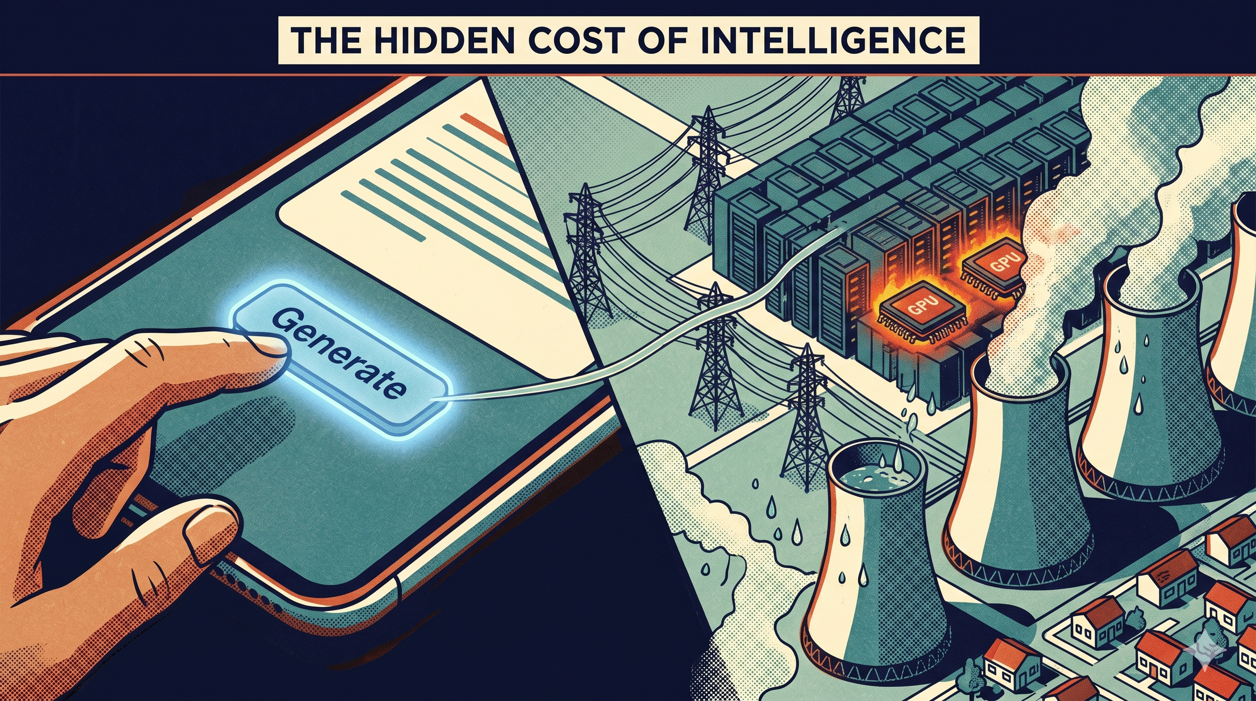 Illustration showing a hand pressing a Generate button on a device connected by power lines to massive data center infrastructure with glowing GPU chips, cooling towers releasing steam, and a small residential neighborhood dwarfed below