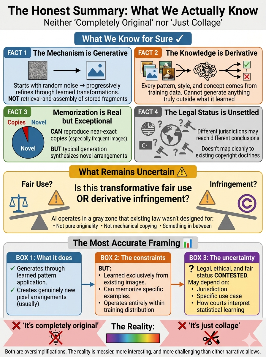 Honest summary of AI image generation: four known facts, unresolved legal question, nuanced framing rejecting both extreme narratives.