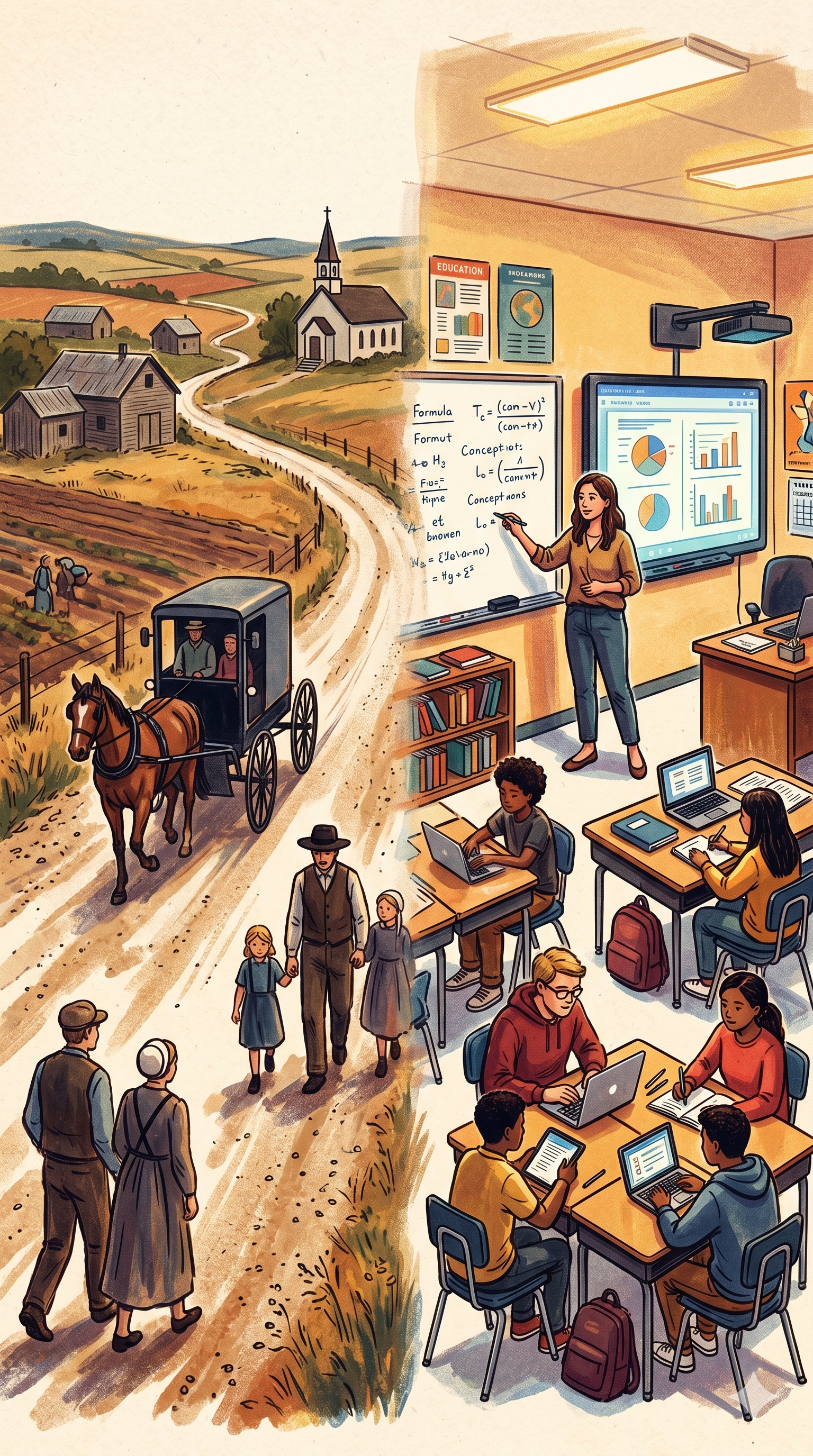A split illustration contrasting a plain Mennonite community on a prairie dirt road with a modern high school classroom where a teacher instructs students working on laptops.