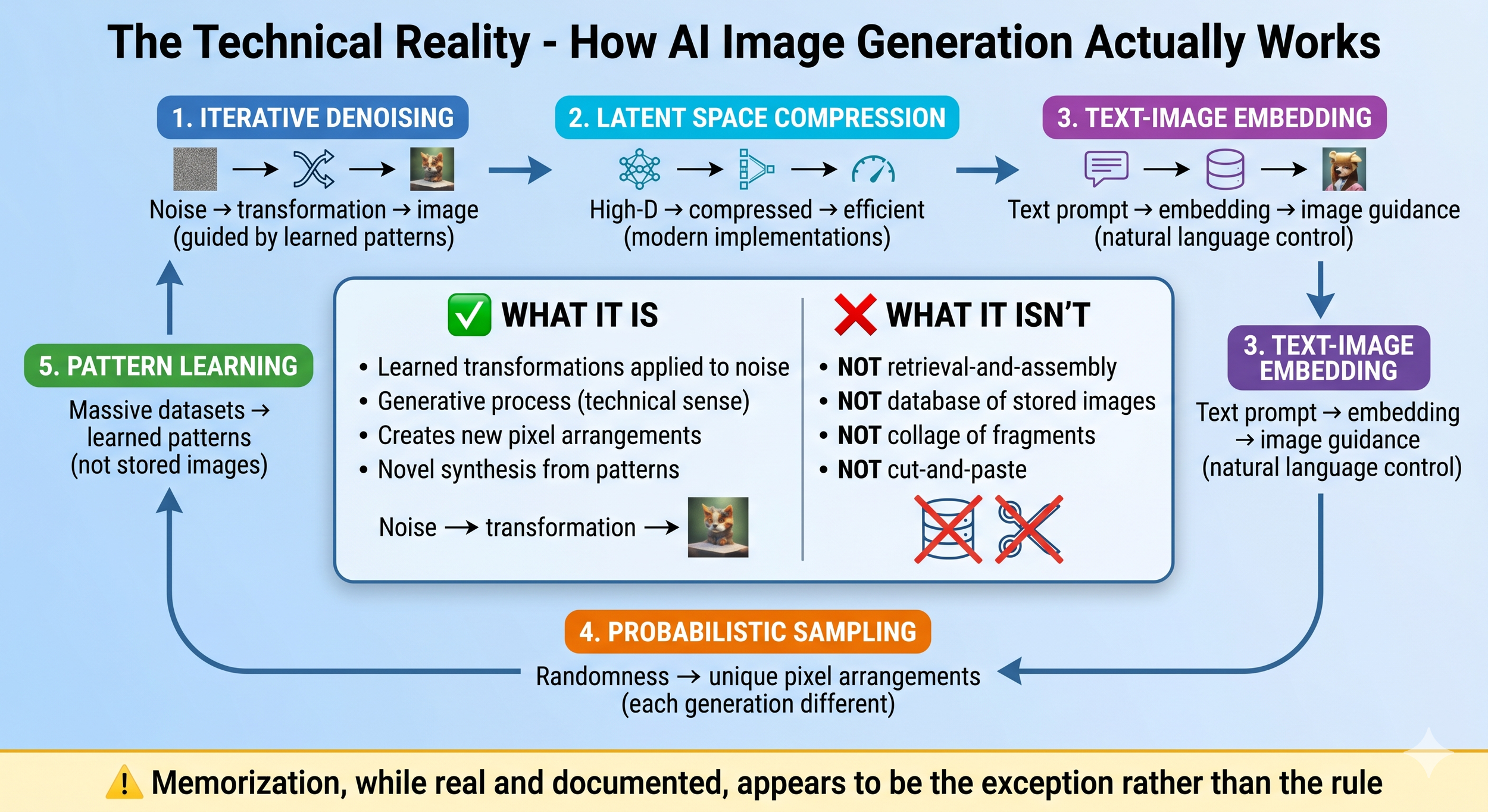 Diagram summarizing the five technical components of AI image generation, clarifying that it synthesizes novel images from learned patterns rather than retrieving or assembling stored ones.