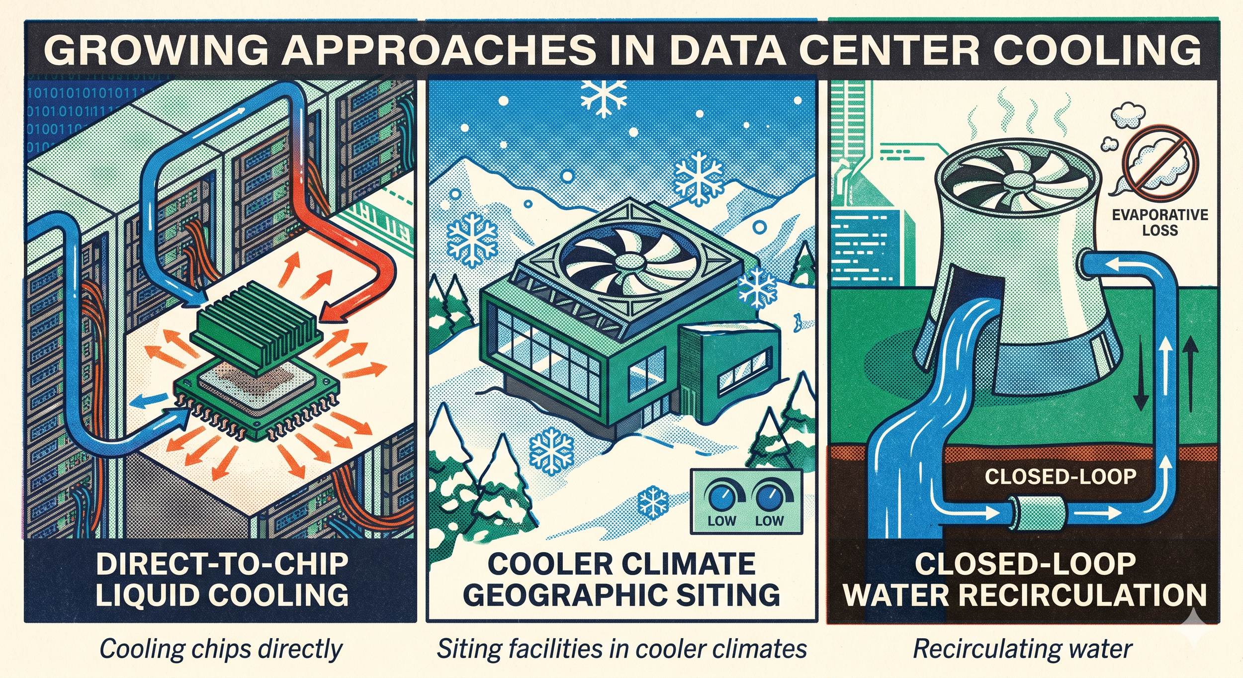 Infographic showing three approaches to reduce water use in AI data centers: direct-to-chip liquid cooling, siting facilities in cooler climates, and closed-loop water recirculation systems.