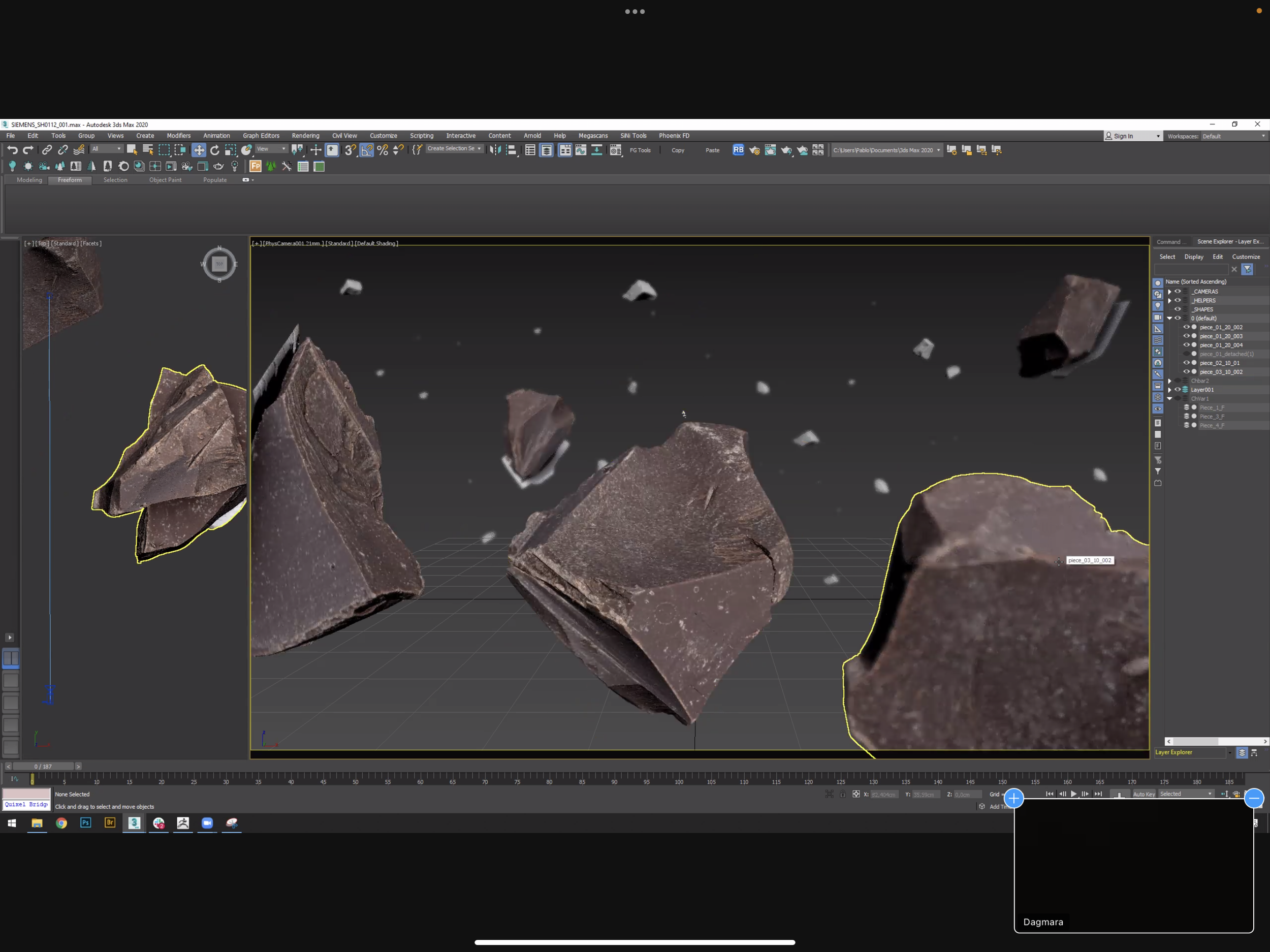 Animation blocking of scanned chocolate chunks. (Copy)