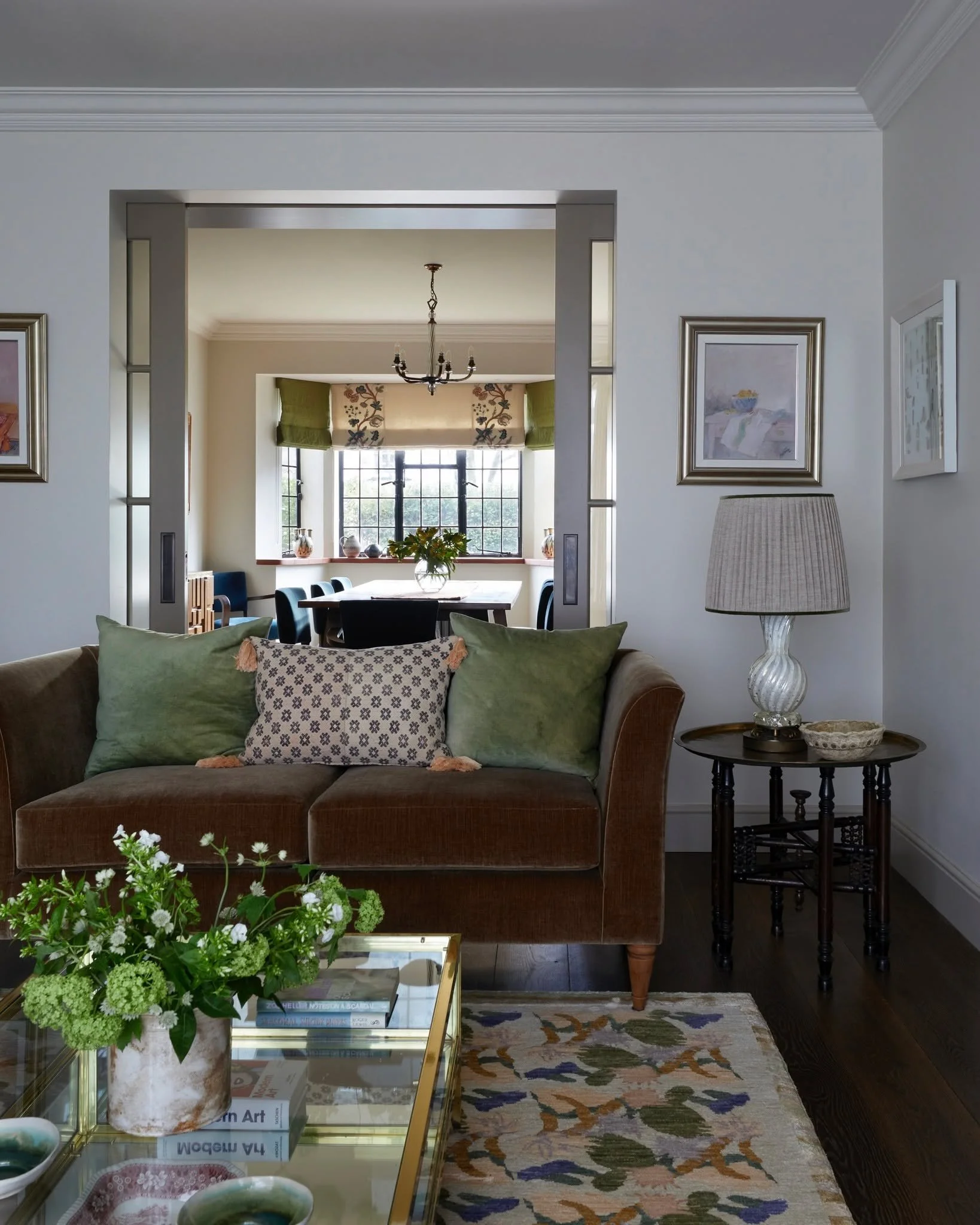 Ahead of the weekend a snippet of this lovely living room in one of our Arts &amp; Crafts projects. The perfect place to relax in or entertain with snippets of pattern &amp; just enough colour to add warmth and a rather special vintage coffee table t