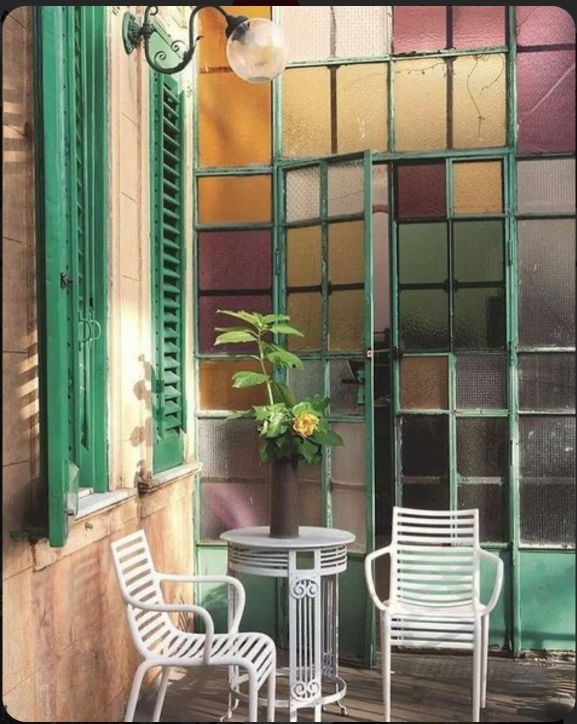 Beautifully weathered steel doors painted a vibrant green &amp; textured stained glass adding a splash of colour to our grid this grey Friday morning, and providing plenty of inspo with a touch of joy ahead of the weekend. We wouldn't say no to sitti