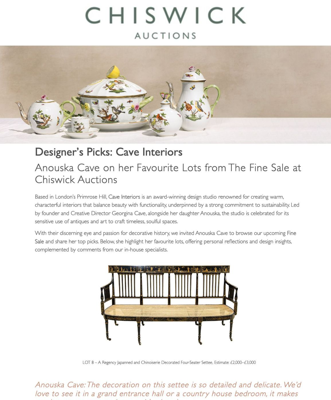 Chiswick Auctions - Designer Picks: Cave Interiors 2025