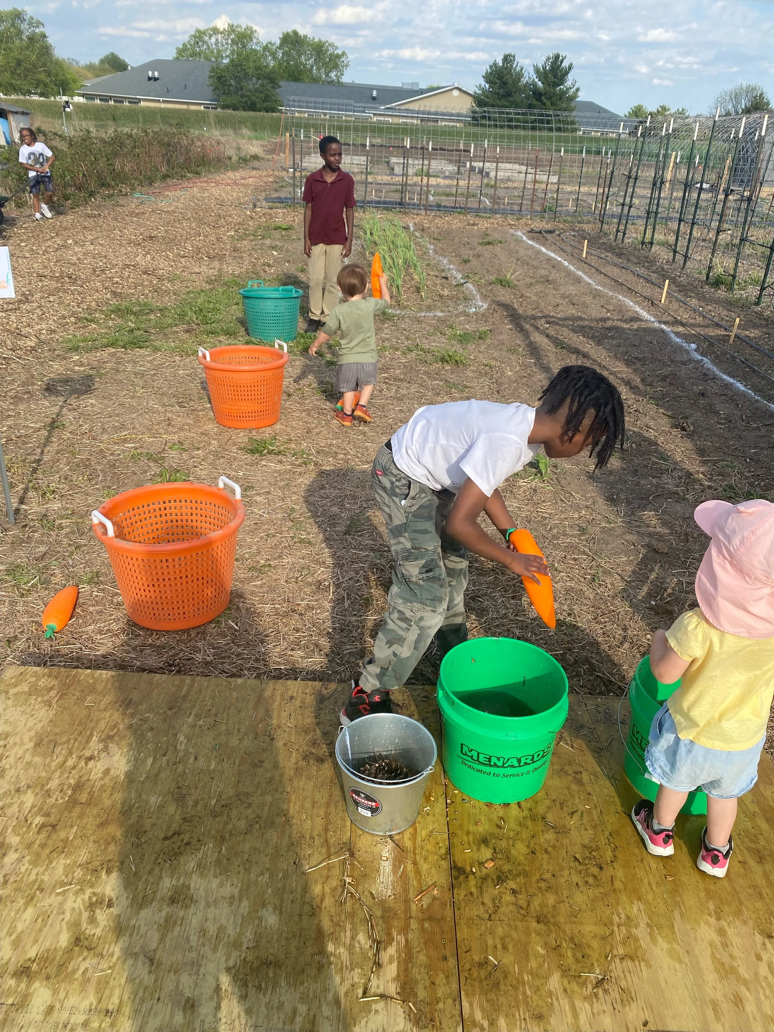Kids playing a tossing game with toy carrots