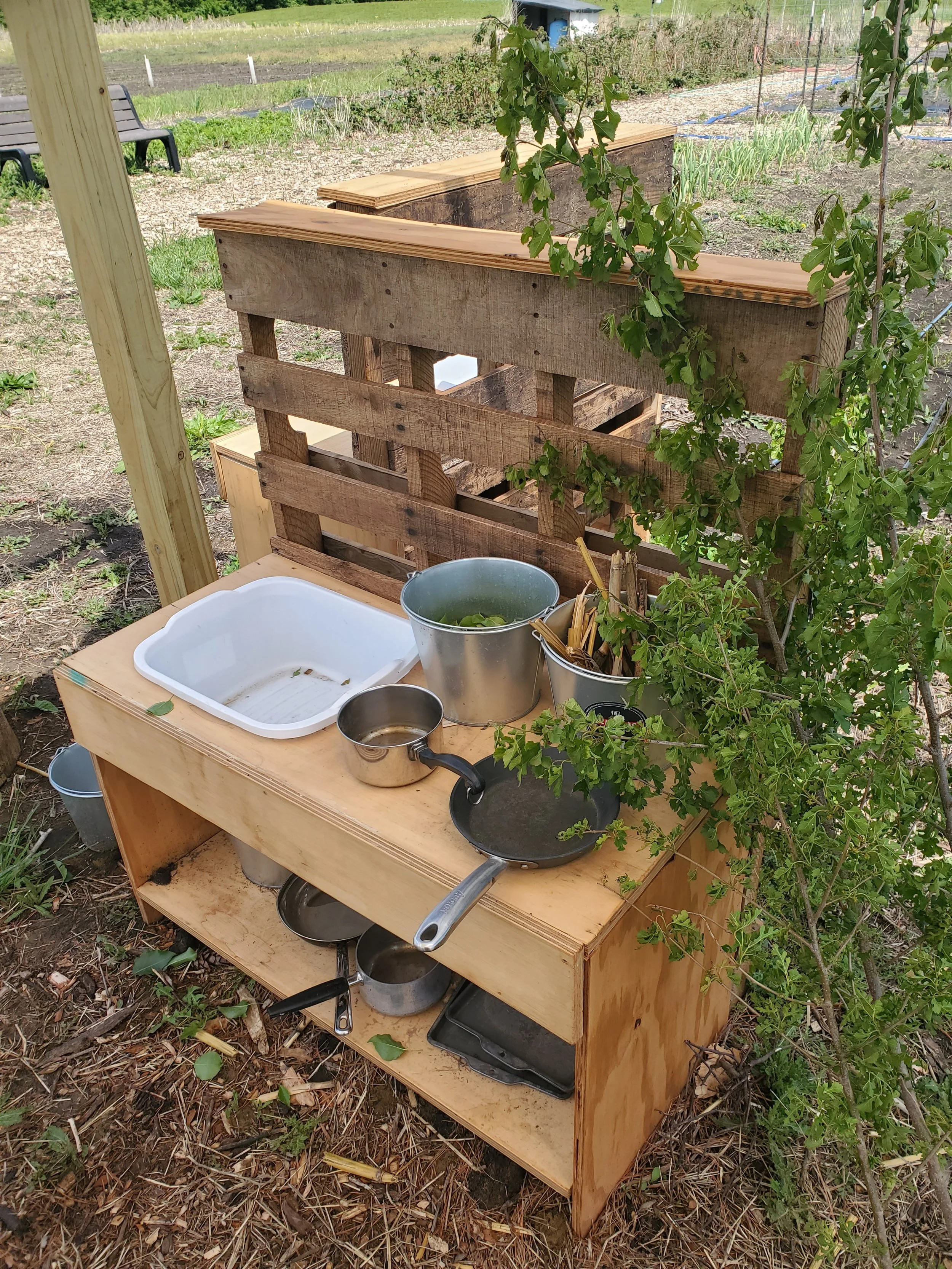 The mud kitchen: a play kitchen with pots and pans