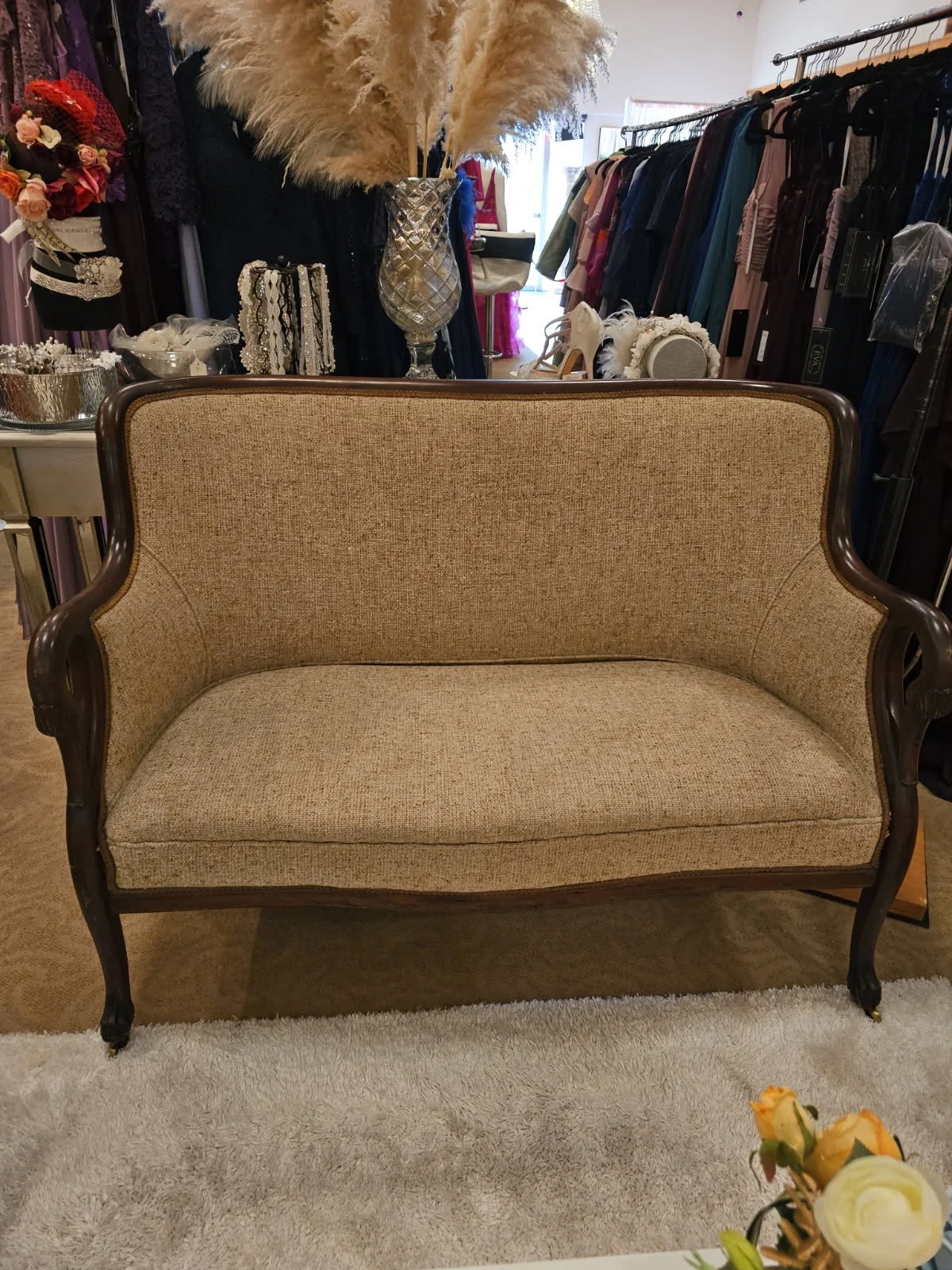 Elegant vintage cream loveseat couch for rent for weddings in Kelowna, Okanagan