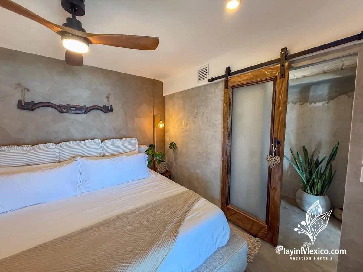 Cozy bedroom with a large bed, beige bedspread, striped pillows, wooden sliding barn door, plants, wall lamp, ceiling fan, and textured walls.