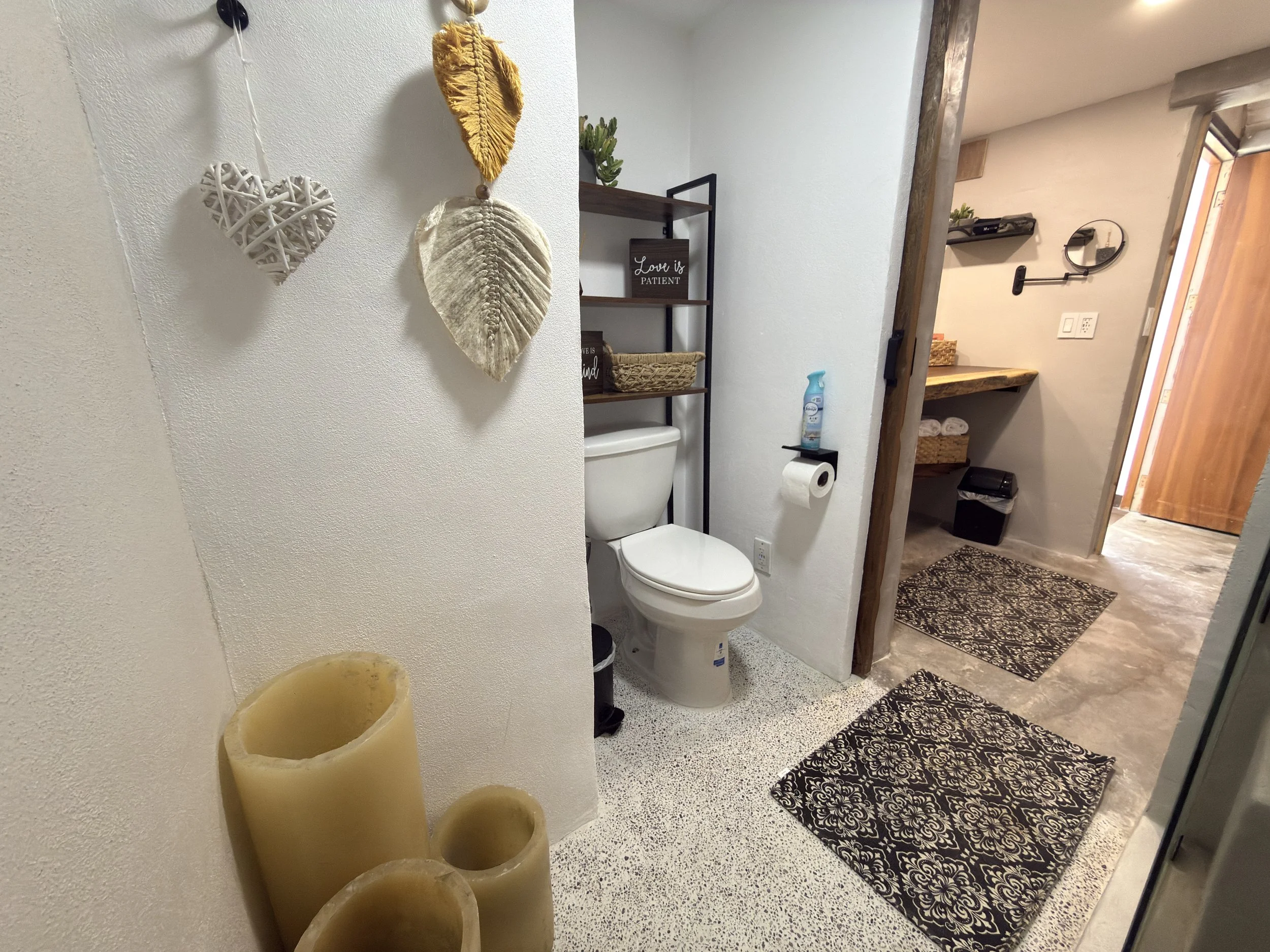 Interior view of a bathroom with a toilet, wall decor, and a small corridor leading to a vanity area with a wooden countertop, mirror, and towels.