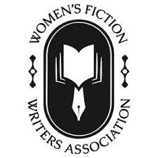 Logo of Women's Fiction Writers Association featuring a stylized open book with a feather pen, enclosed in an oval with decorative elements.