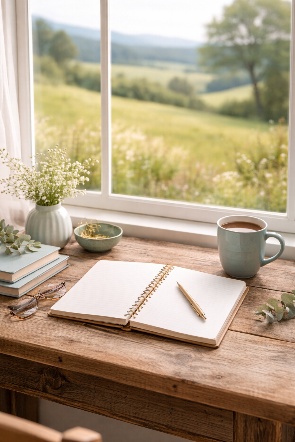 Photo of a desk with notebook and pencil and cup of coffee.