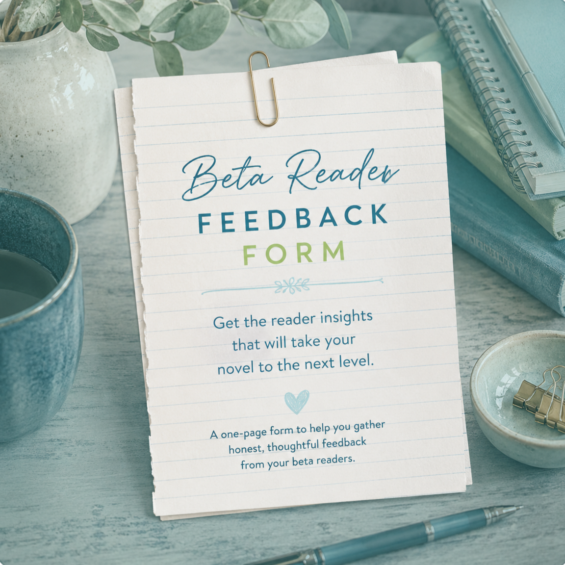 Writing desk with a stack of books and a coffee cup with the words "beta reader feedback form" on a piece of paper attached to a clipboard.