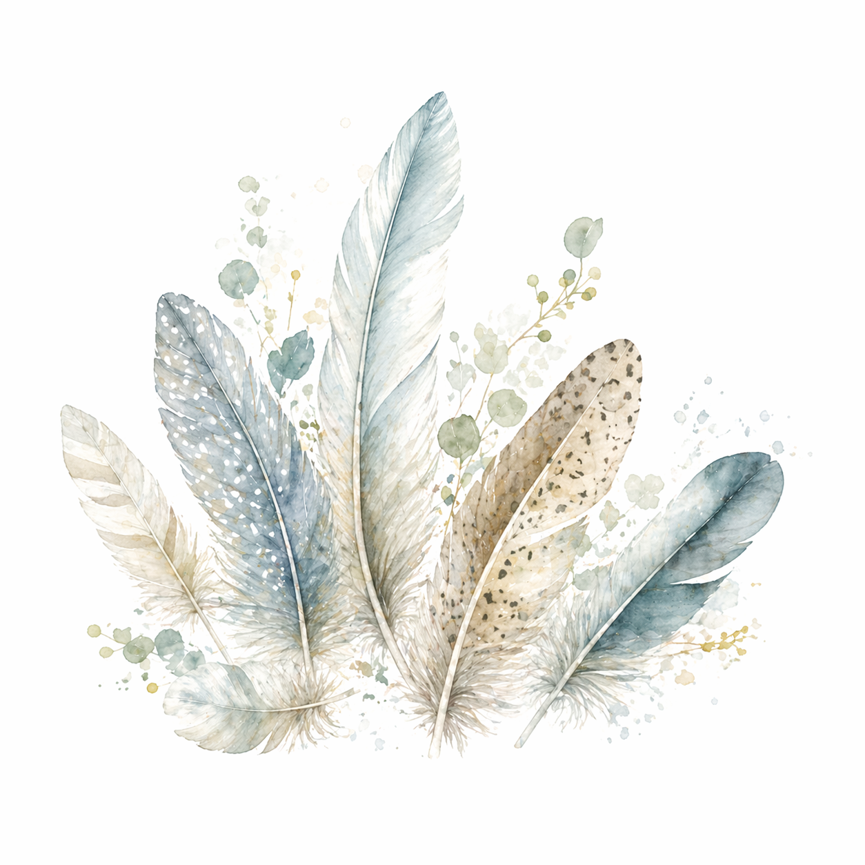 watercolor feathers in a blue green shading