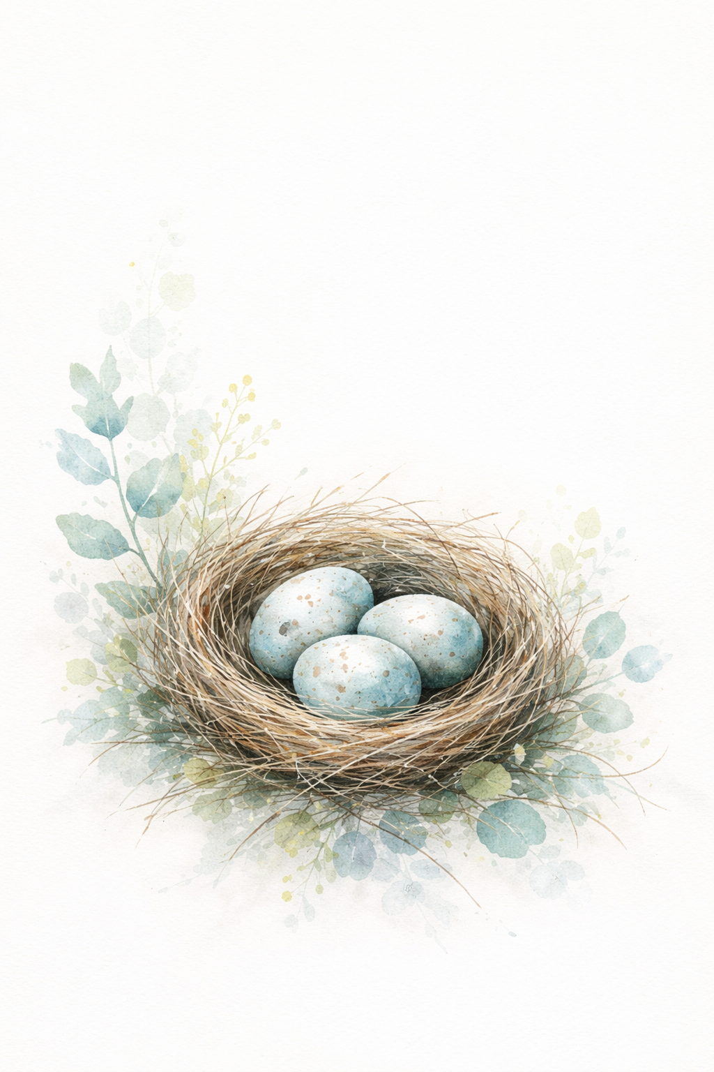 Four speckled eggs in a bird's nest surrounded by watercolor-style eucalyptus leaves.
