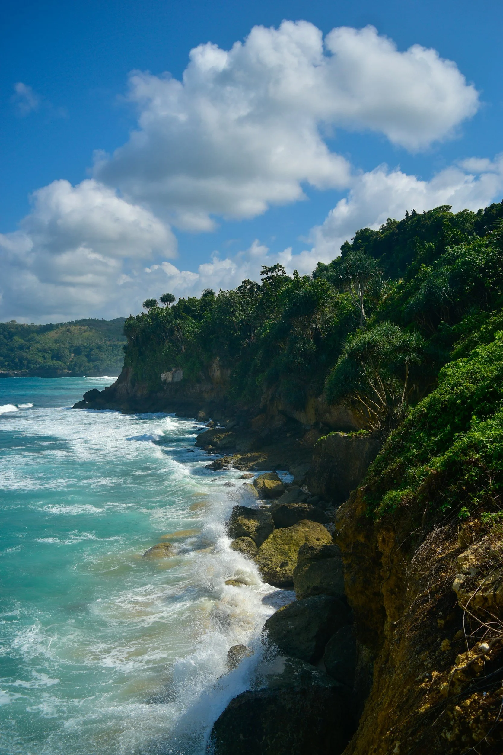 Ocean waves crashing against rocky cliffs with greenery on top and a blue sky with white clouds in the background.