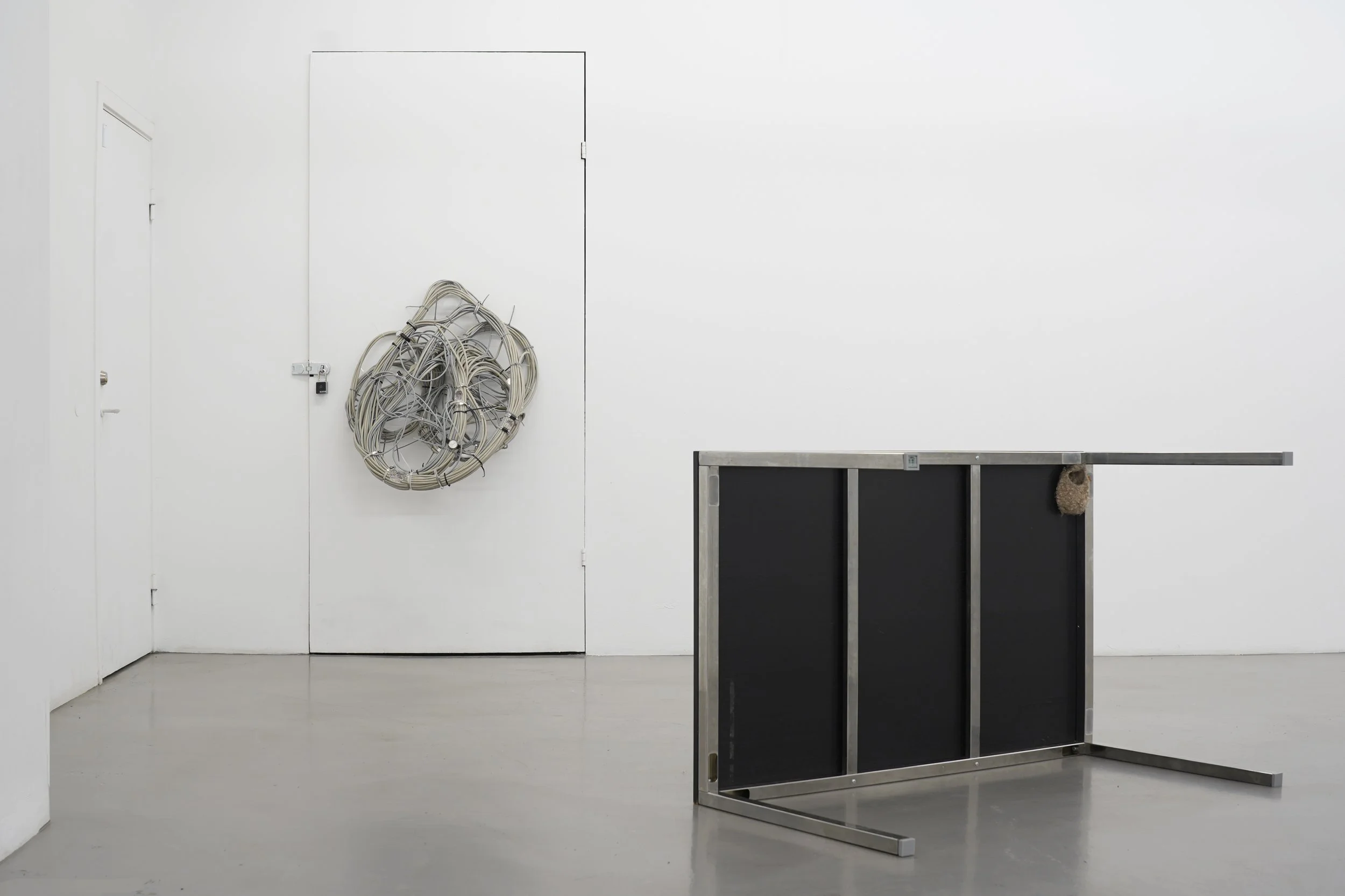 General exhibition view of “Eavesdrop,” featuring sculptural works installed at Platform Stockholm.