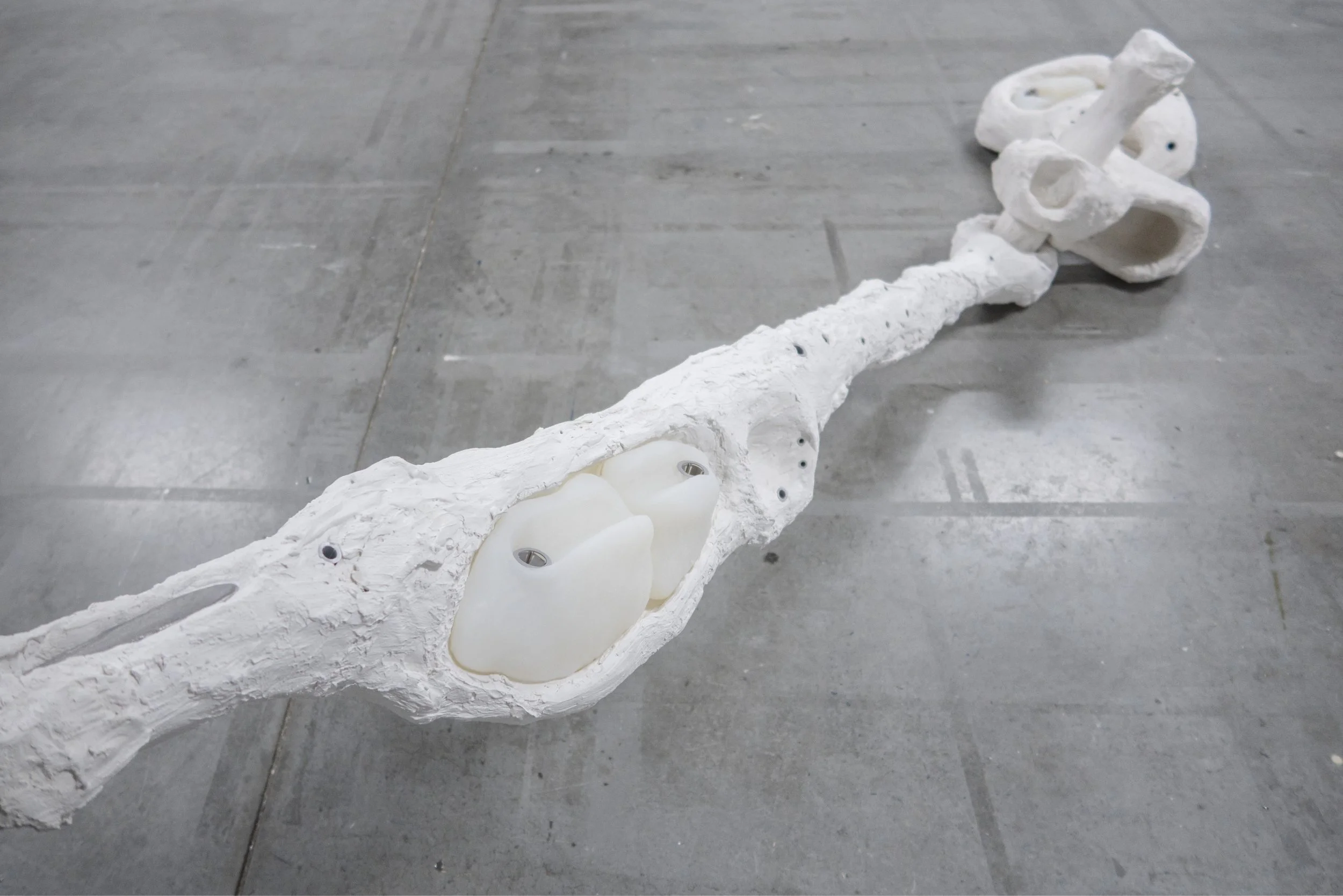Detail of “Wrist” showing the layered wall plugs, plaster and silicone construction that forms the elongated sculptural body.