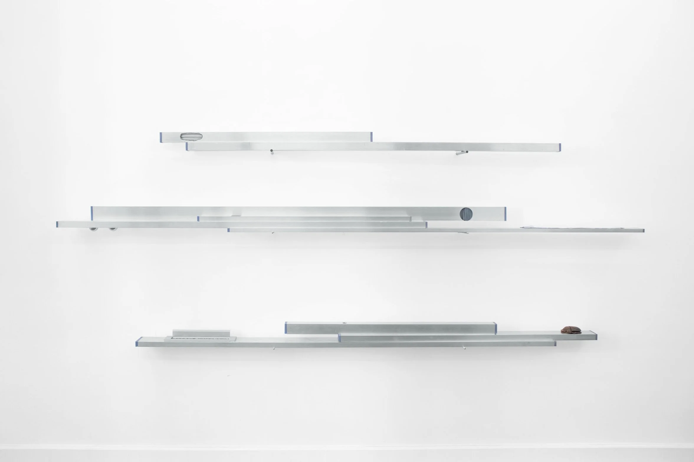 Backstage I–III, an installation of aluminium, resin, fabric, and 3D-printed components, exhibited at Material Art Fair in Mexico City.