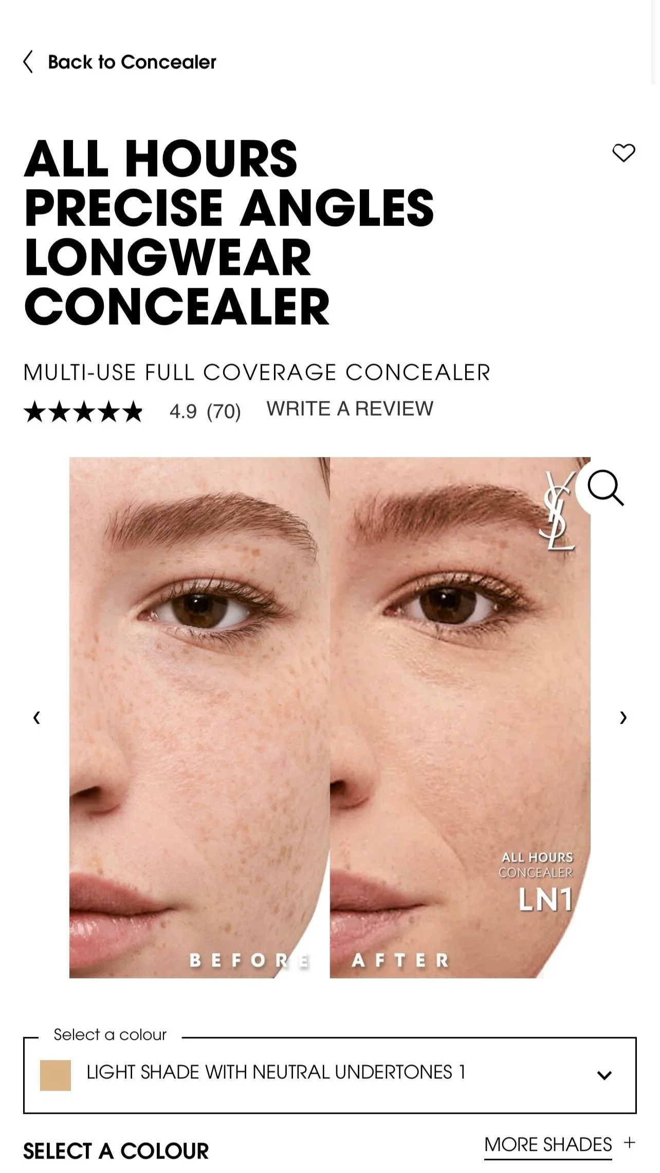 Before and after images of a woman's face showing the effectiveness of a full coverage concealer. The before image displays freckles and uneven skin tone, while the after image shows a smooth, even complexion.