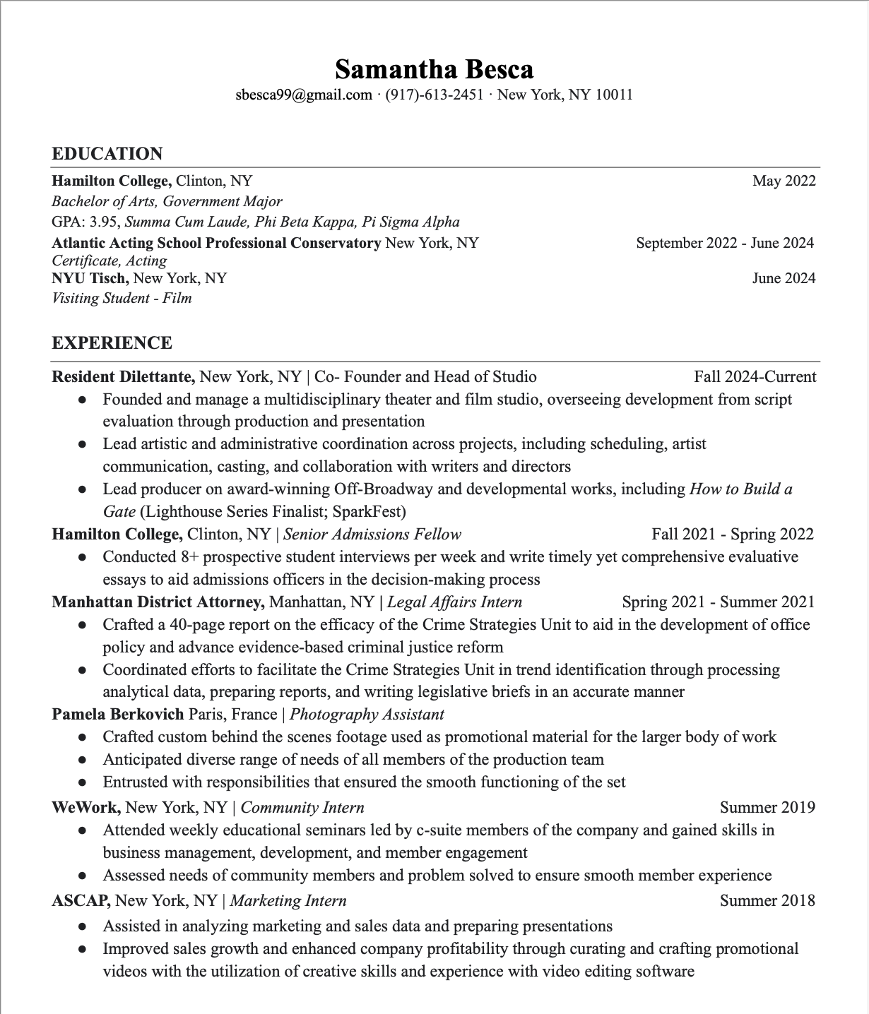 A resume for Samantha Besca demonstrating her education and work experience.